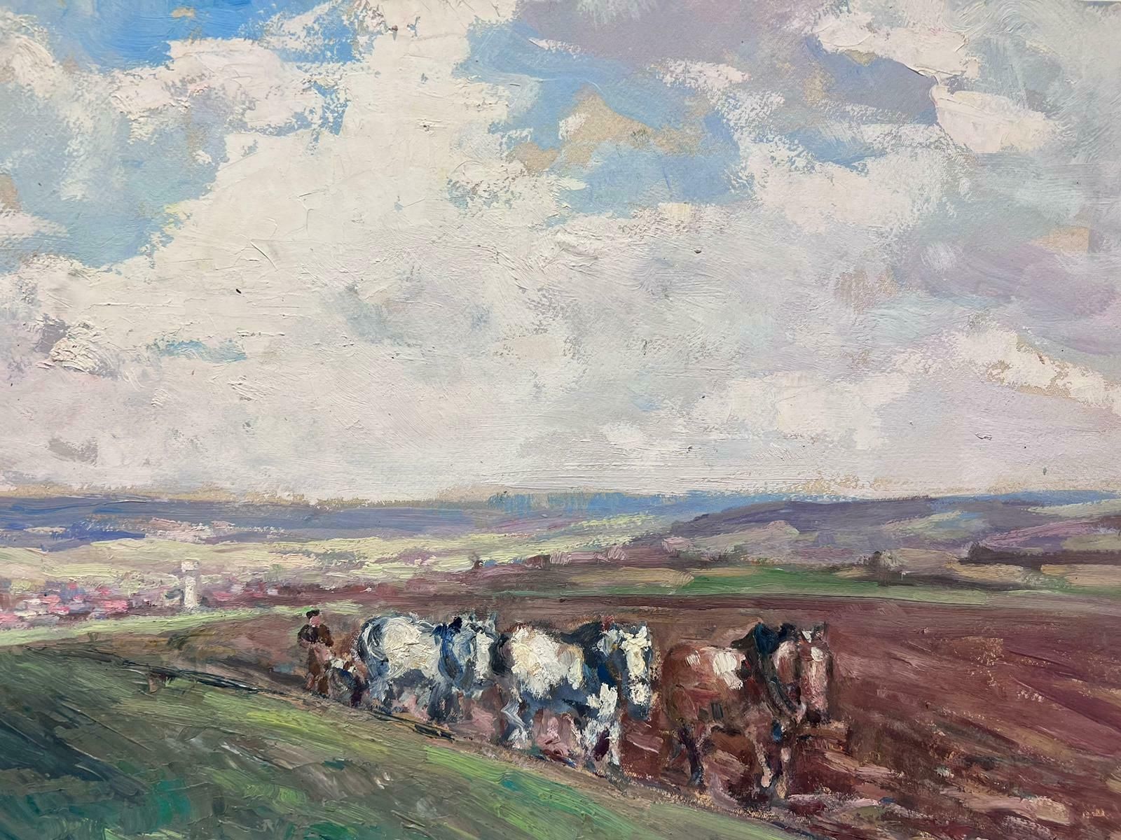 Leon Hatotvintage French Oil Painting Three Horses Pulling Man Through Ploughing Field photo for sale