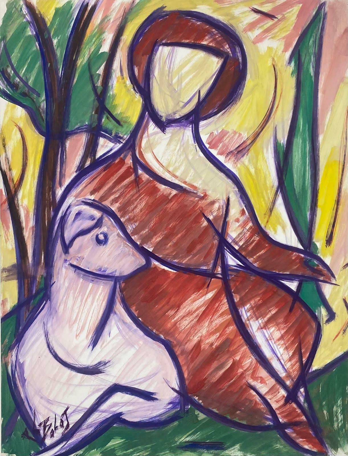 Paul Louis Bolot (French 1918 2003)20th Century French Modernist Painting Multi Color Abstract Portrait & Dogc. 1980