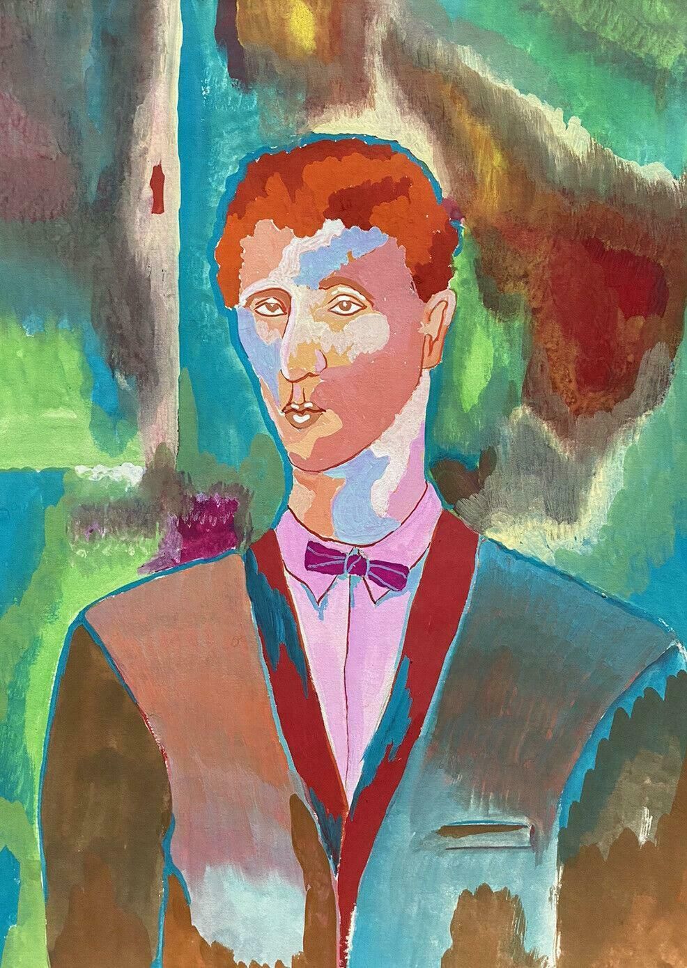 Jean Marccolorful 20th Century French Modernist Painting   Male Portrait Bow Tie Cardiganc. 2000