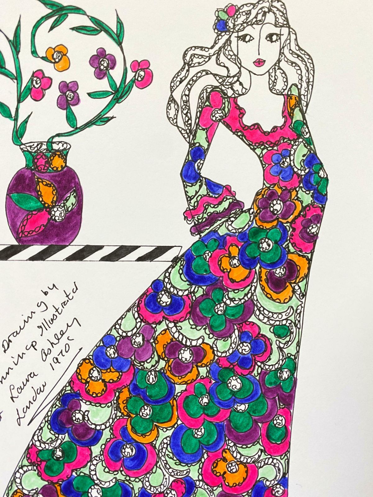 Roz Jenningsoriginal Fashion Design Illustration Watercolor Painting Laura Ashley Designerc. 2000's