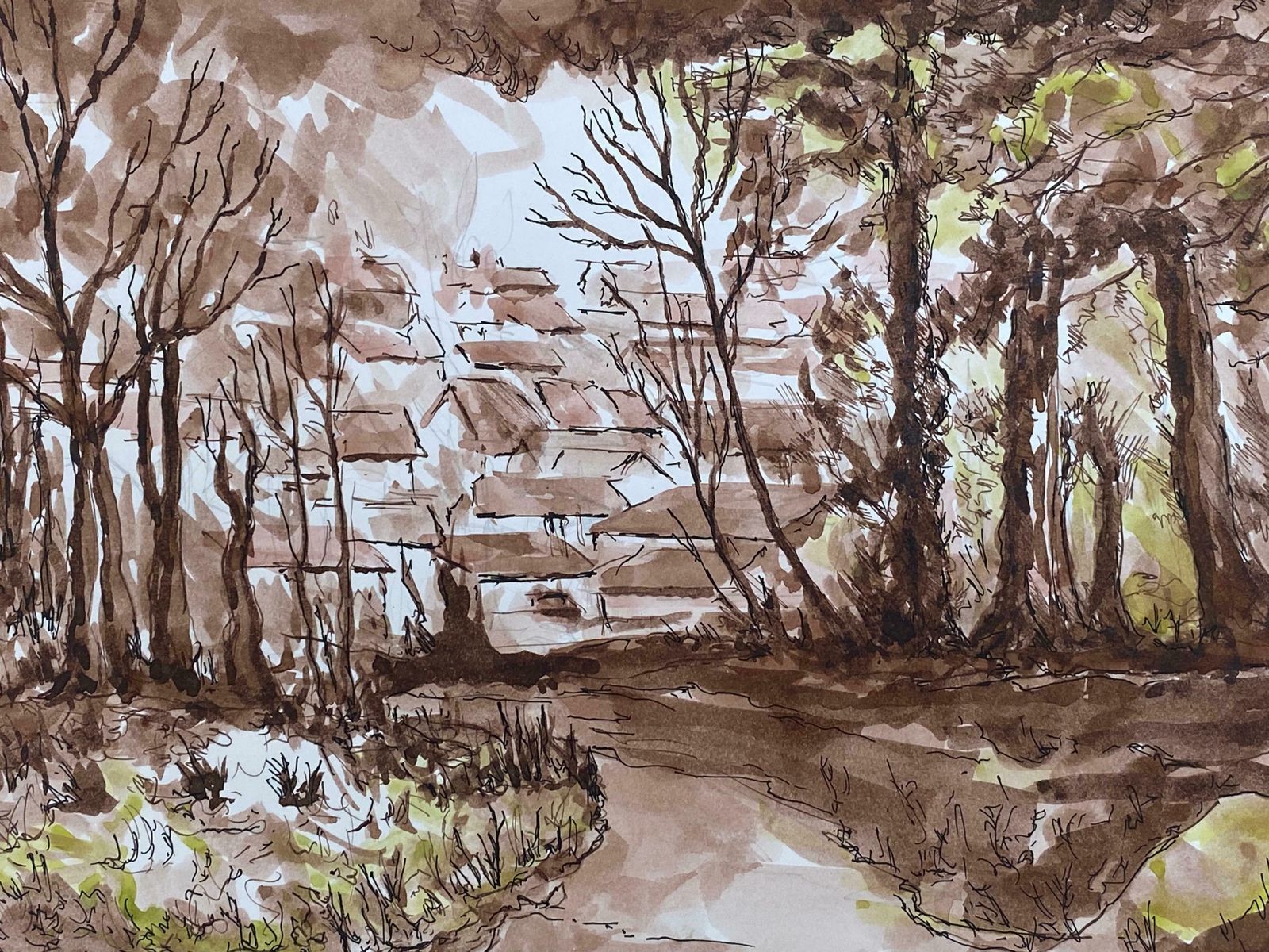Bernard Labbe1950's French Modernist/ Cubist Painting   Brown Autumnal French Landscape 1950's