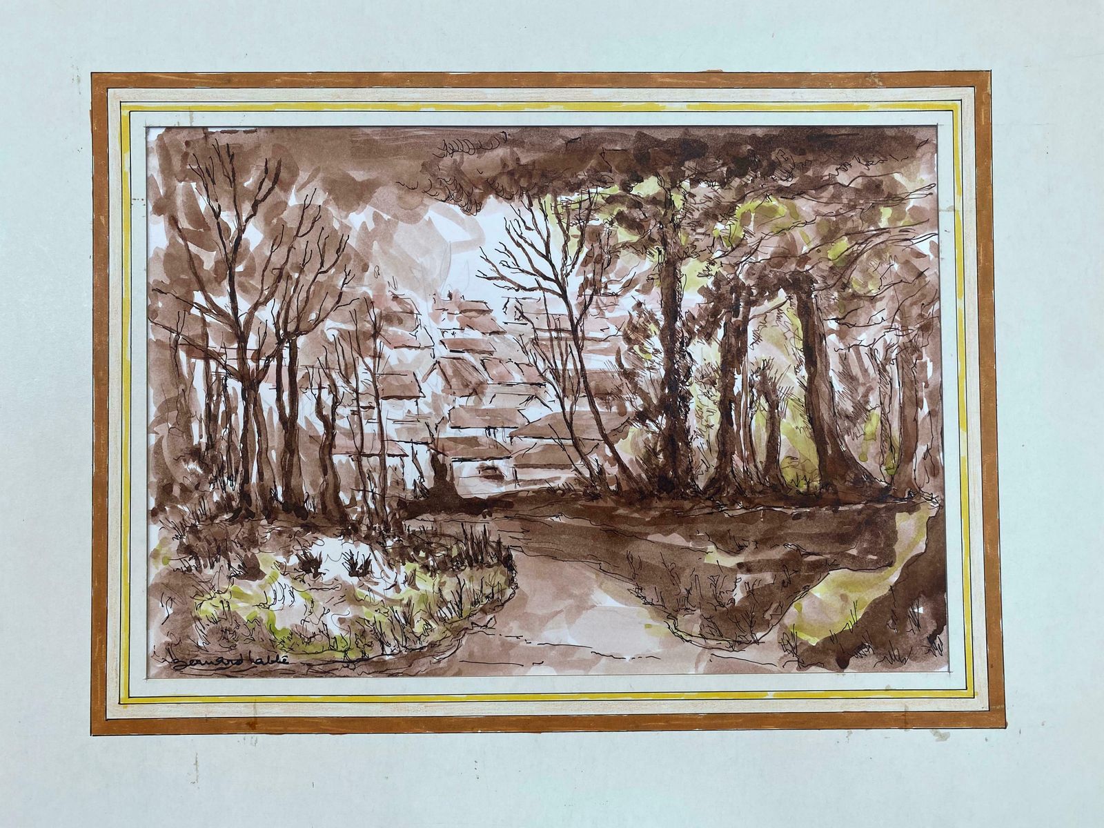 Bernard Labbe1950's French Modernist/ Cubist Painting   Brown Autumnal French Landscape 1950's photo furniture