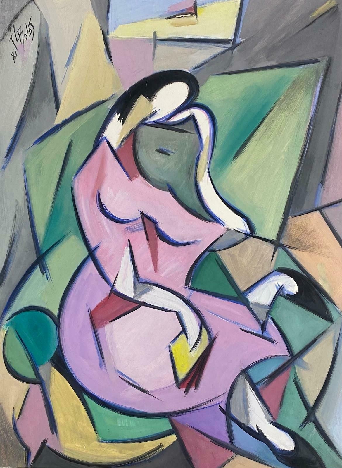 Paul Louis Bolot (French 1918 2003)20th Century French Modernist Painting Cubist Geometric Purple Portrait Of Lady1981