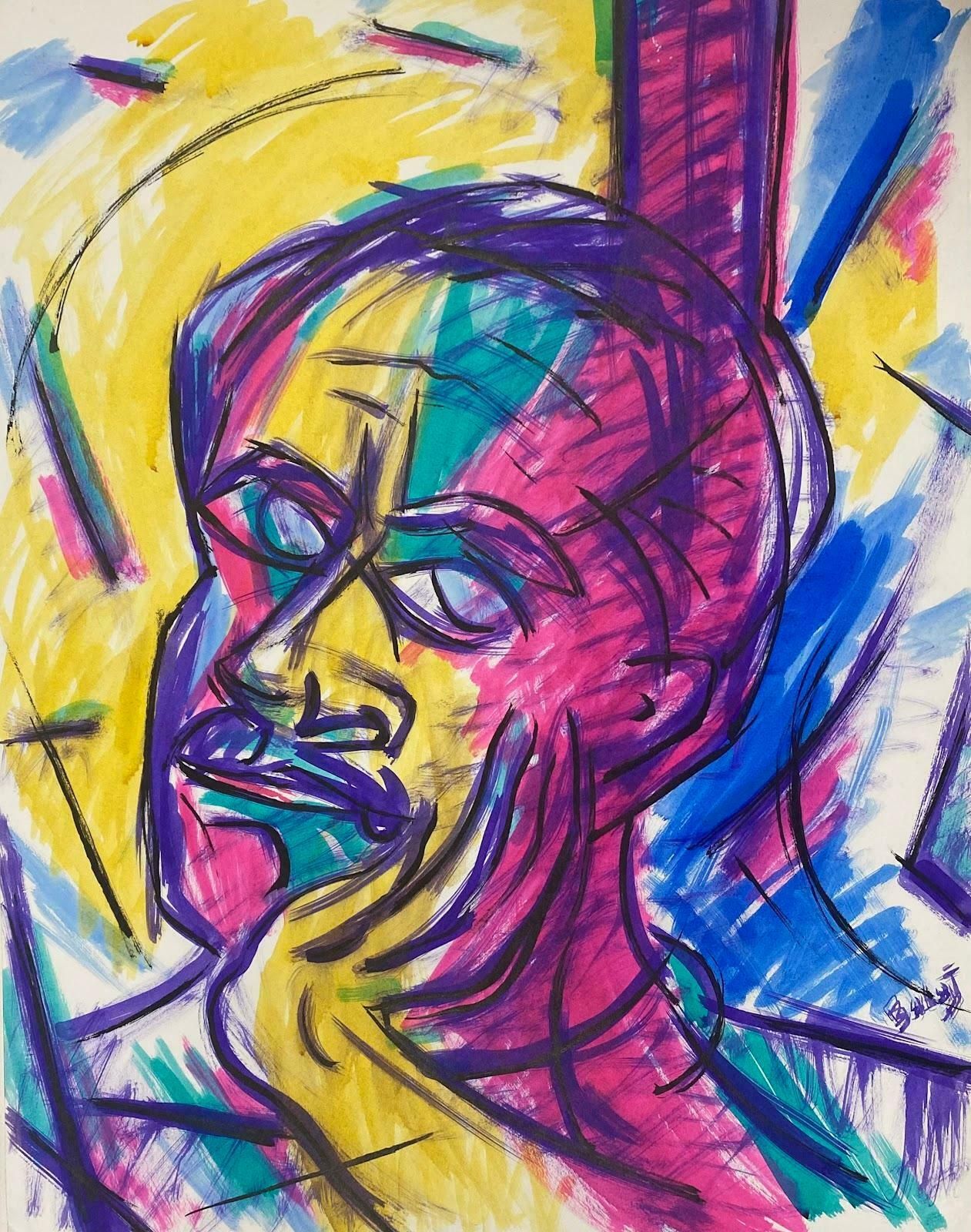 Unknown20th Century French Modernist Gouache Painting Pink And Purple Portrait C. 1970