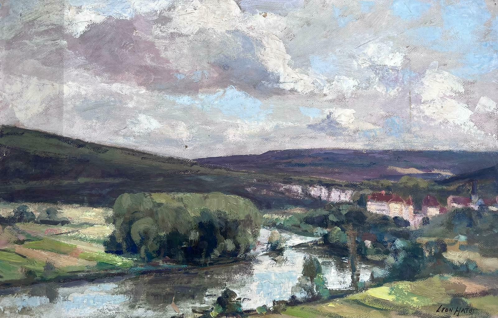 Leon Hatotvintage French Oil Painting Wide Landscape Of Lake Flowing Along The Town