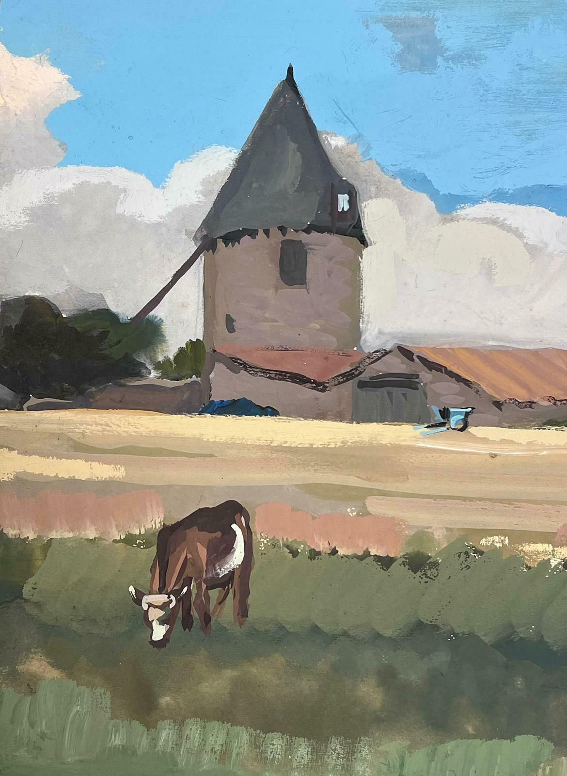Y Blanchon1950's French Impressionist Painting Cows Munching In Hay Field Landscape 1950's photo furniture