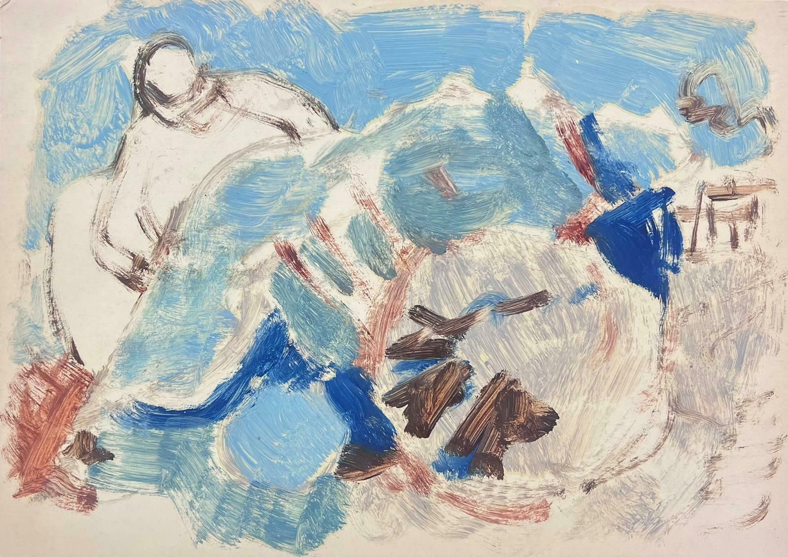 Elisabeth Hahn20th Century German Modernist Oil Painting Lightly Painted Blue Figure Abstract20th Century