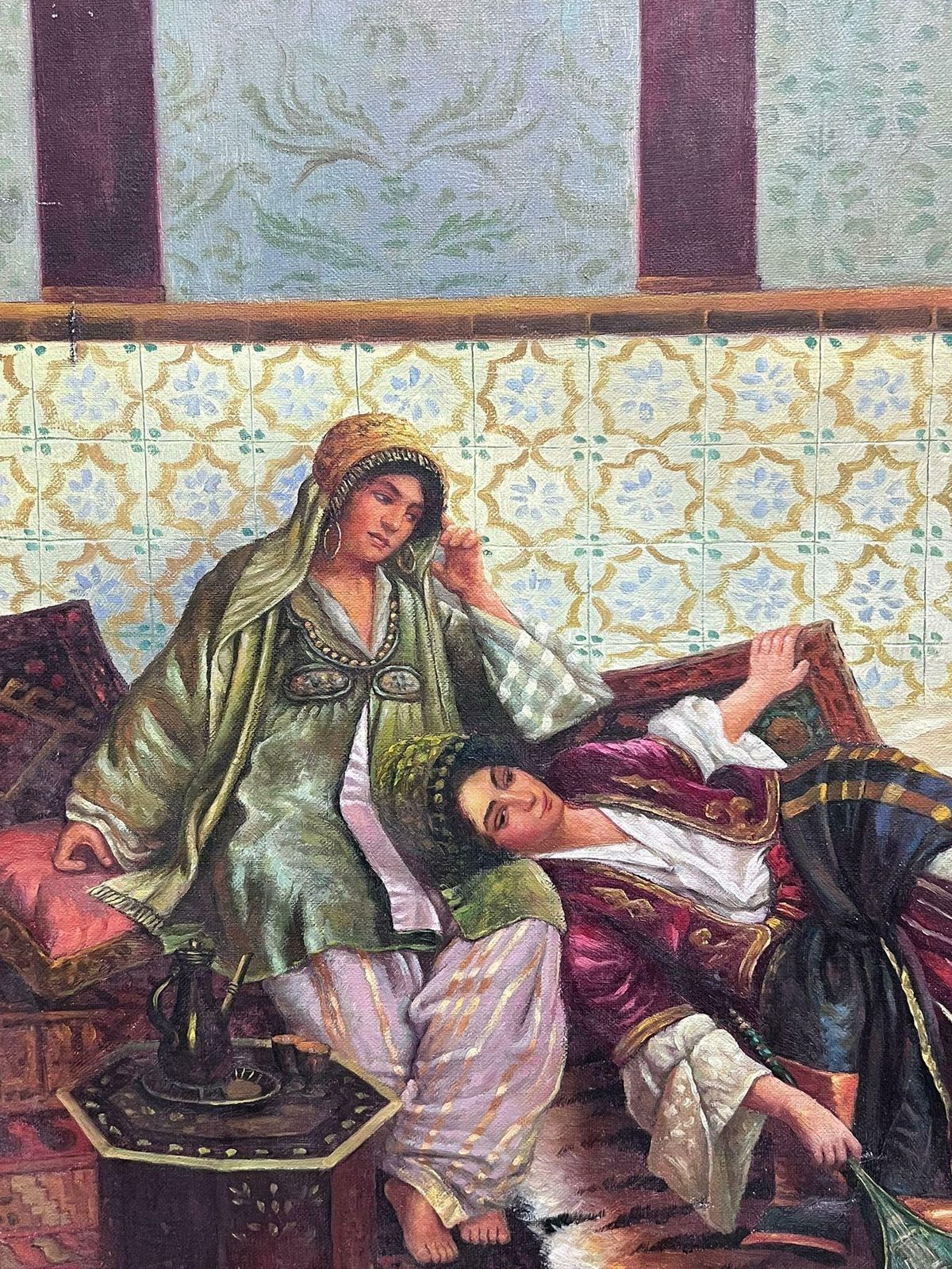 photo for sale French Schoolfrench North African Orientalist Oil Painting Hareem Interior Two Ladies