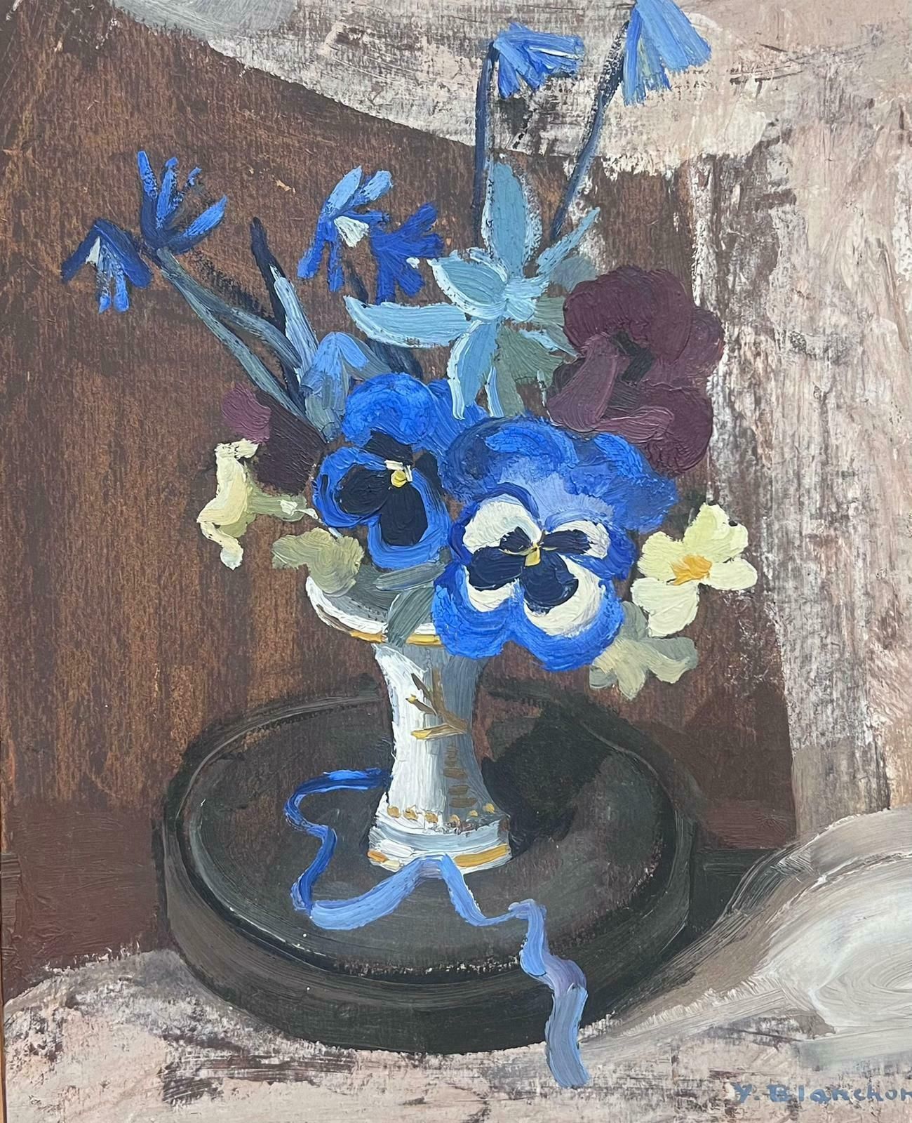 Y Blanchon1950's French Impressionist Painting Blue Flowers In Vase1950's