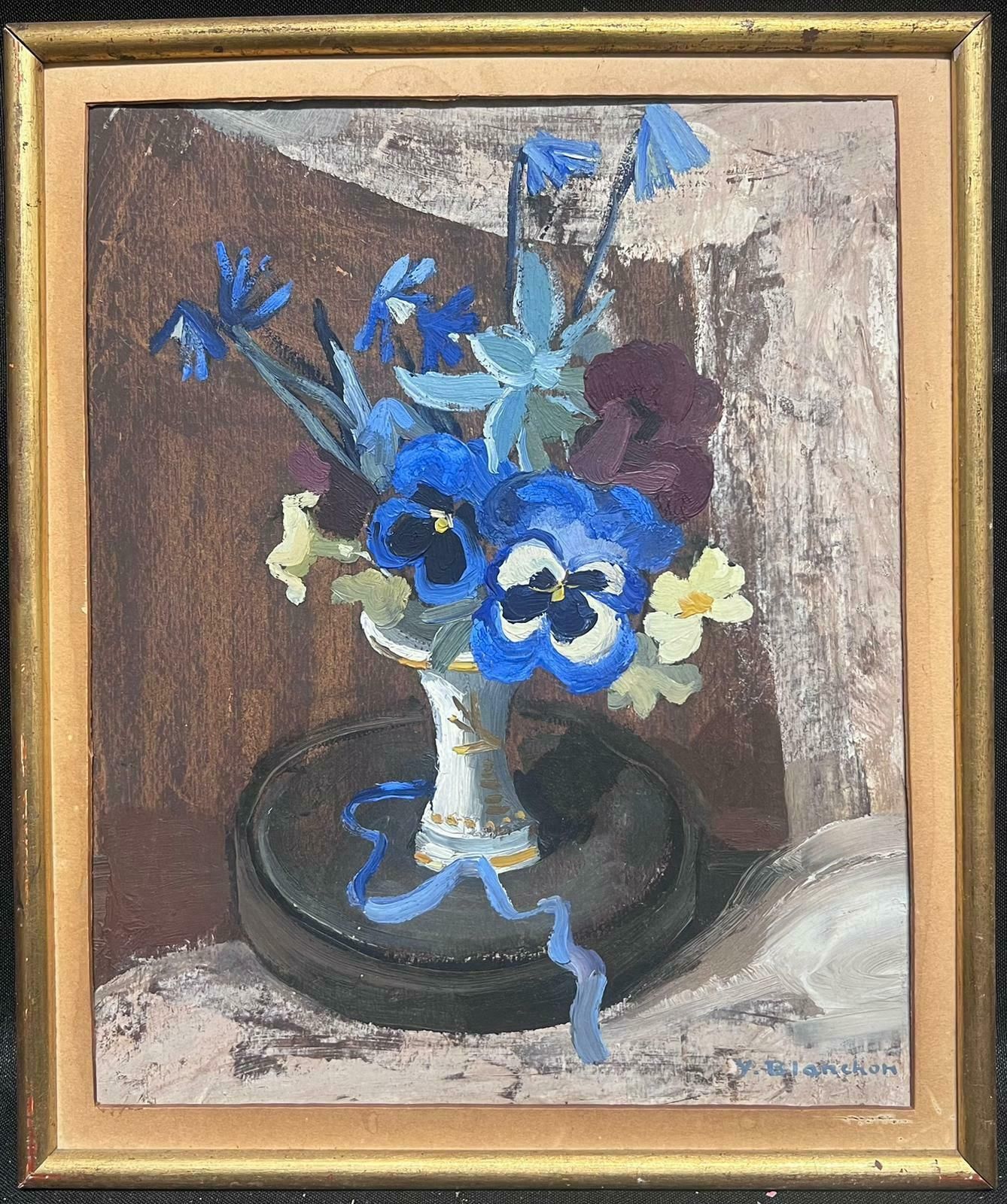 Y Blanchon1950's French Impressionist Painting Blue Flowers In Vase1950's photo furniture