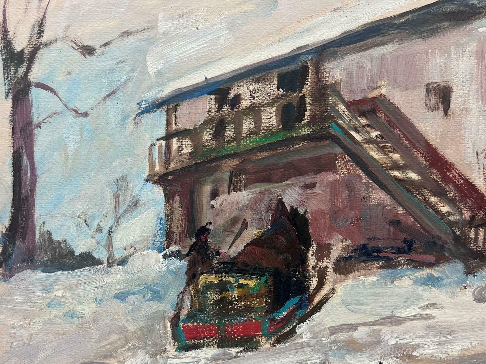 Leon Hatotfigures In Winter Snow Ski Chalet Landscape Vintage French Impressionist Oil photo for sale