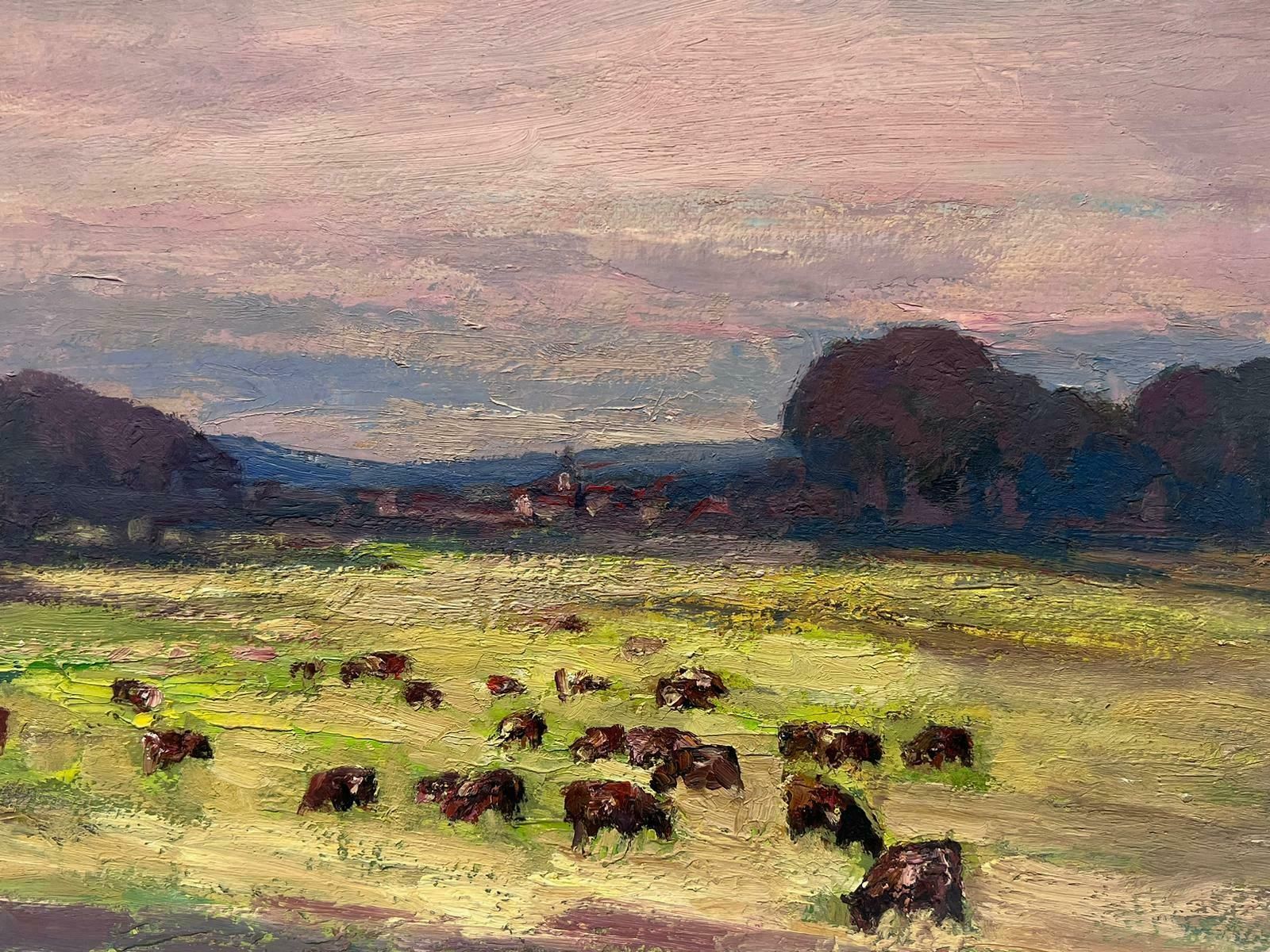 Leon Hatotfrench Oil Painting Of Brown Cows Munching On Yellow Grass Under The Purple Sky photo Art
