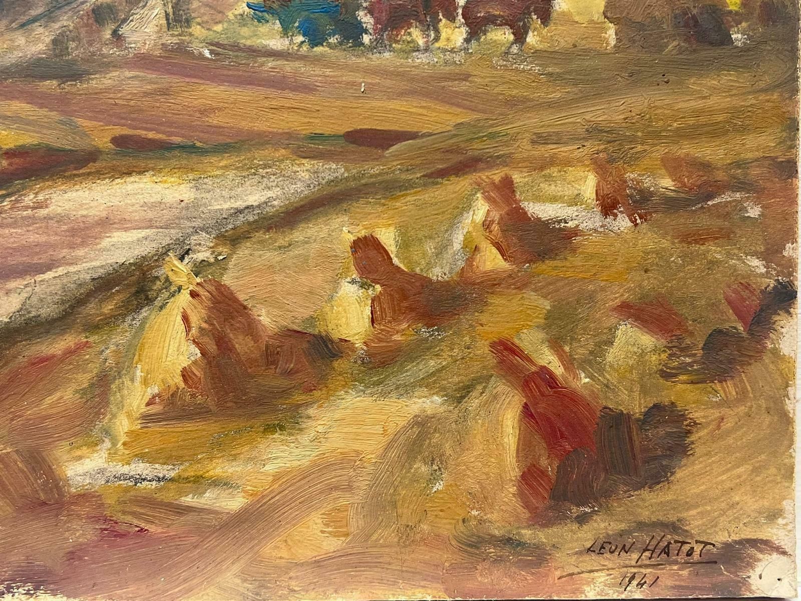 Leon Hatotvintage French Oil Painting Farmer In Harvest Fields Golden Light Landscape photo for sale