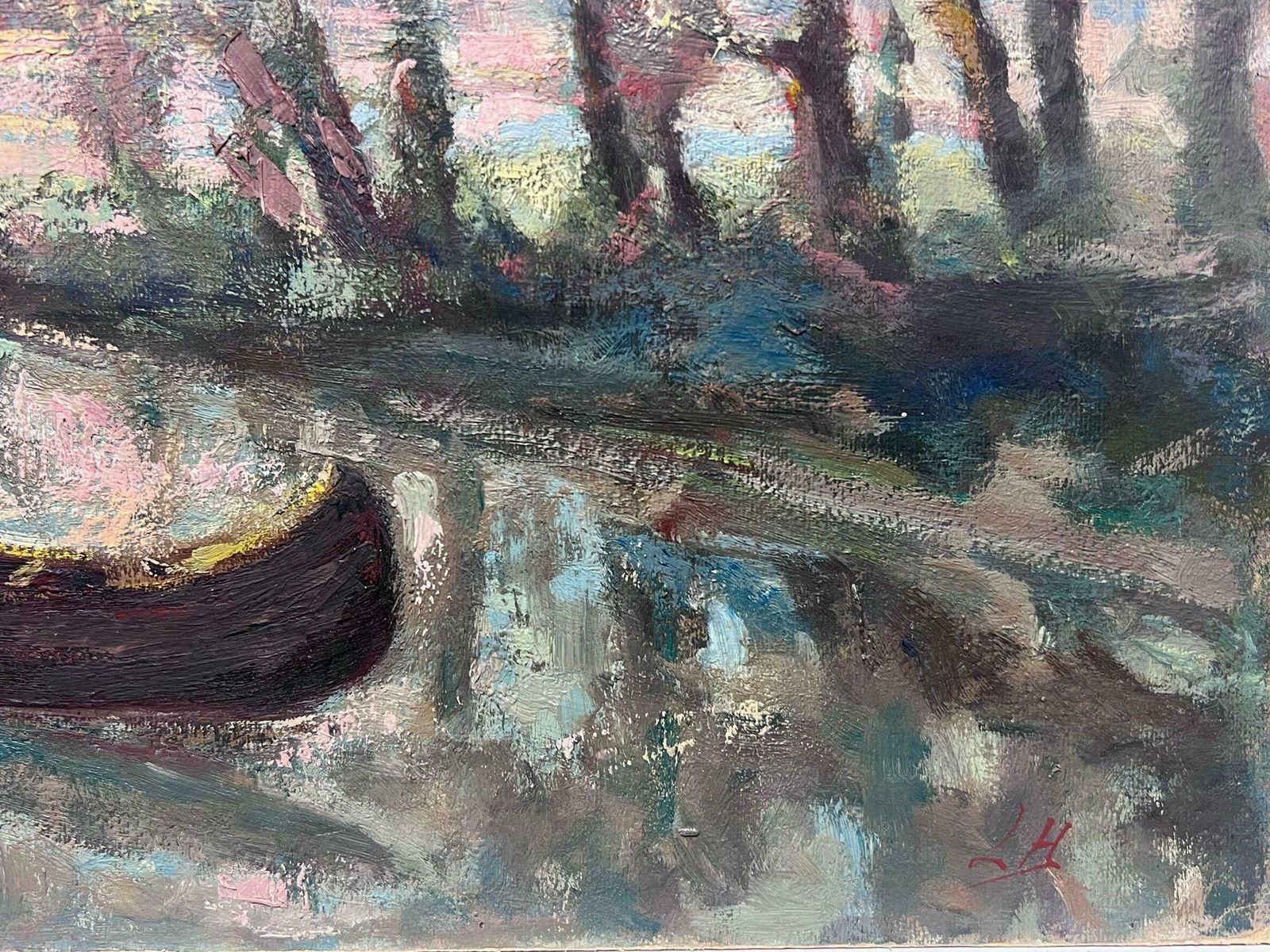 Leon Hatotantique French Impressionist Oil Painting Lady Rowing In Pink Dappled Lake photo Art