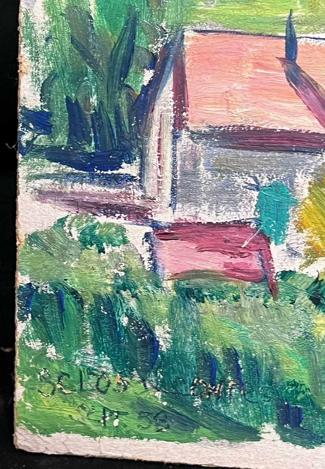Regine David1950's French Bright Village Church Among The Hills Post Impressionist Oil 1950's photo for sale