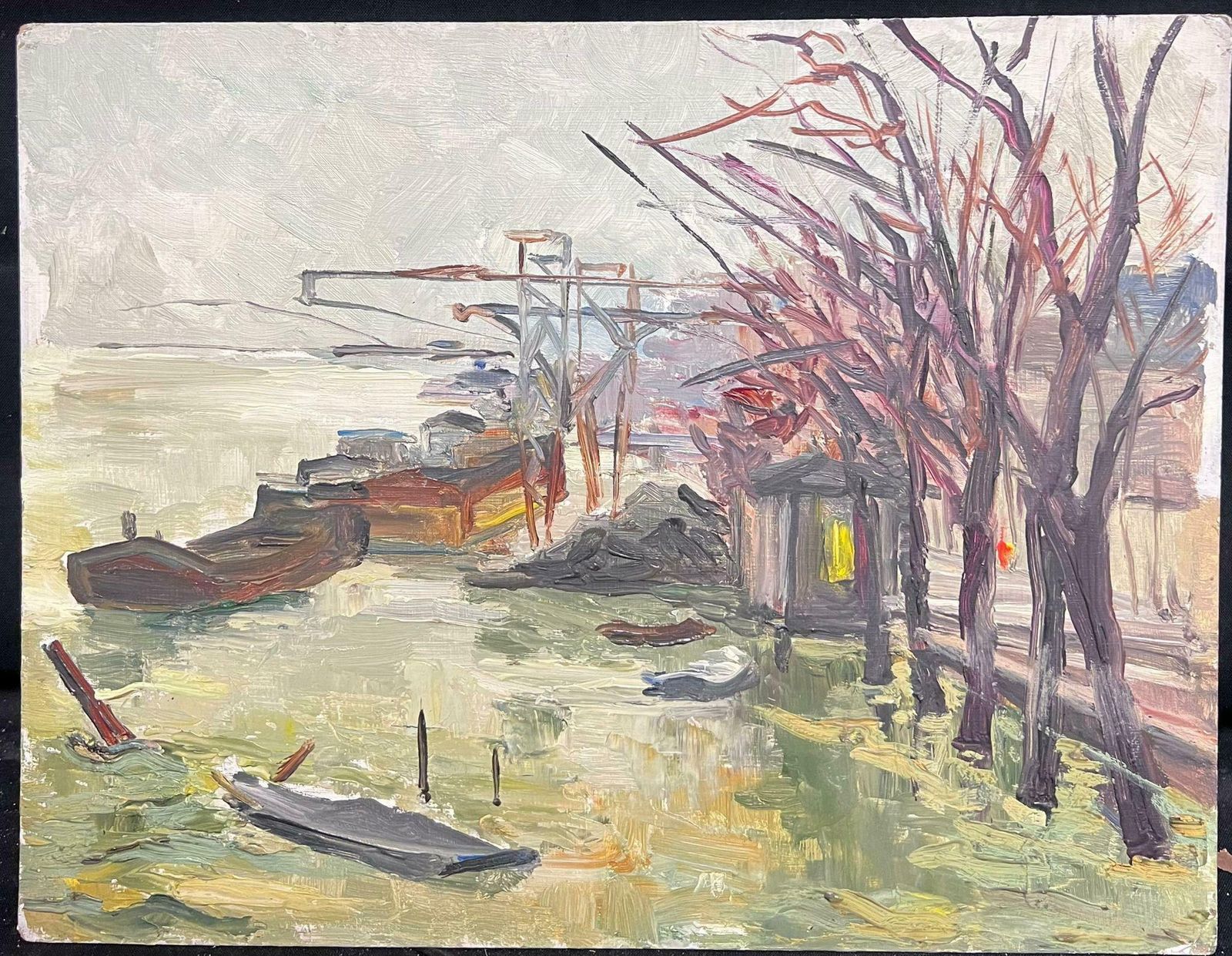 Regine Davidmid Century Spring Boats In Industrial Riverside Scene French Oil Painting1950's photo furniture