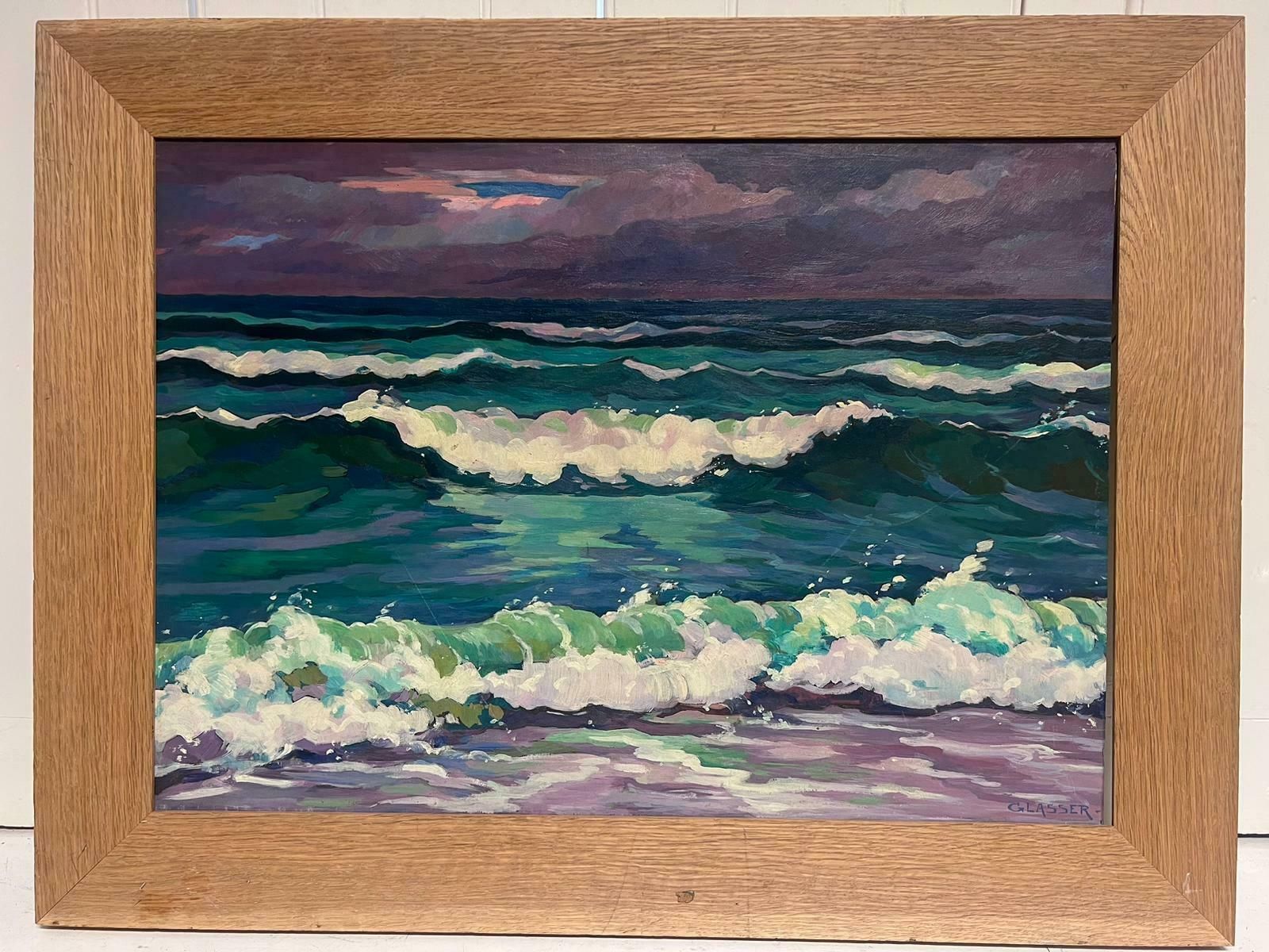 Louis Eugene Glasser20th Century French Modernist Signed Oil Rolling Waves At Sea Turquoise & Purple photo buy