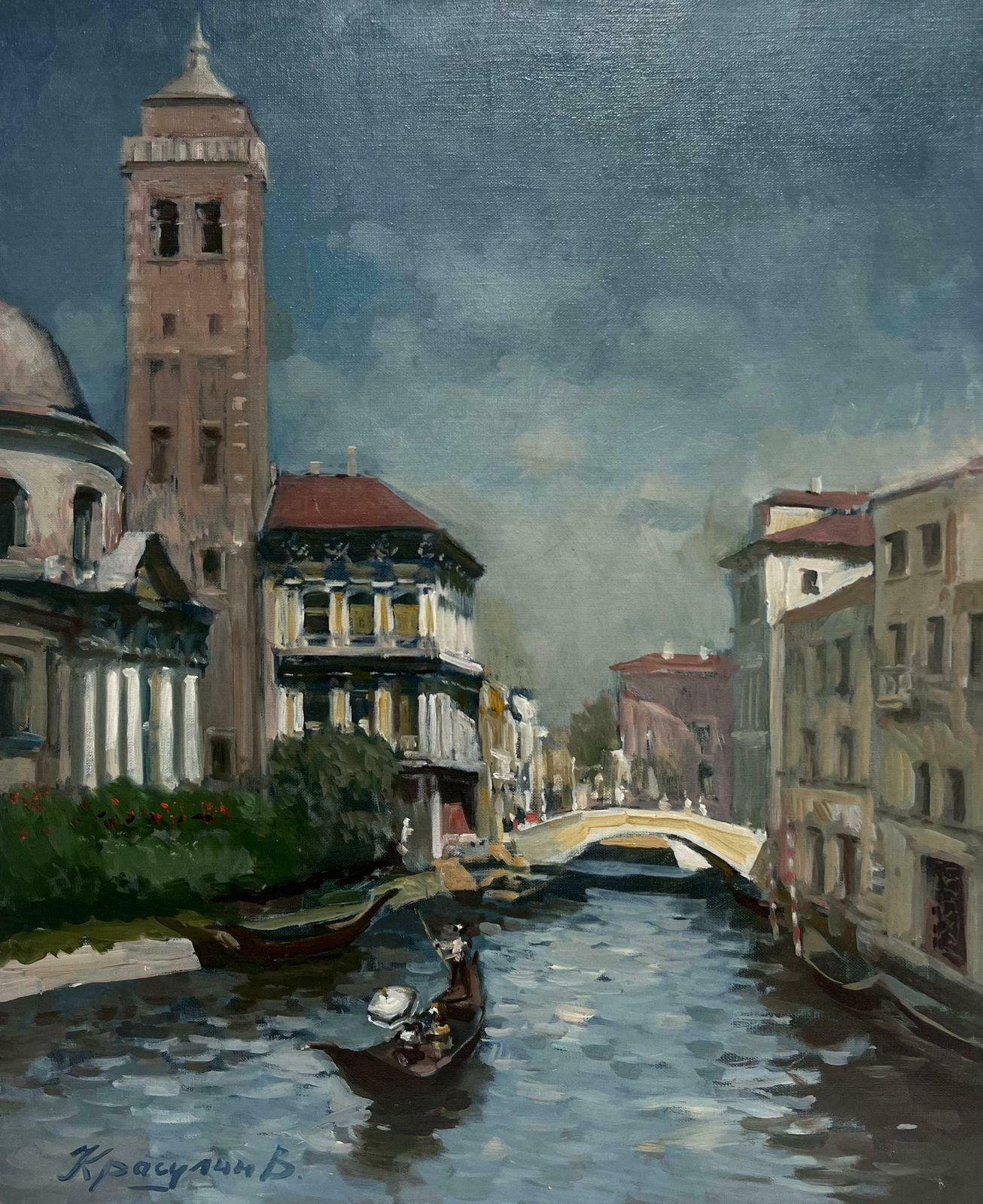 Russian Schooltranquil Venetian Canal Backwater By Russian Impressionist Artist, Signed