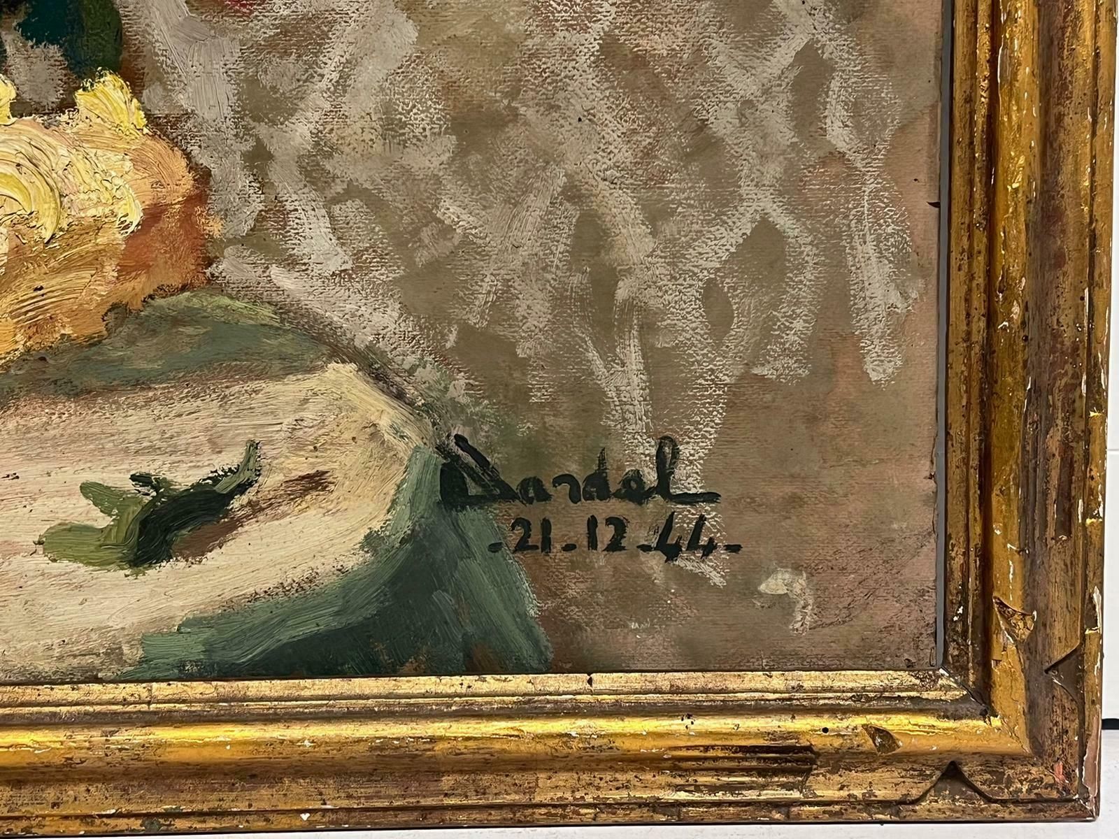 Denise Dardel1940's French Post Impressionist Signed Oil Flowers In Vase Period Gilt Frame1944 photo Art