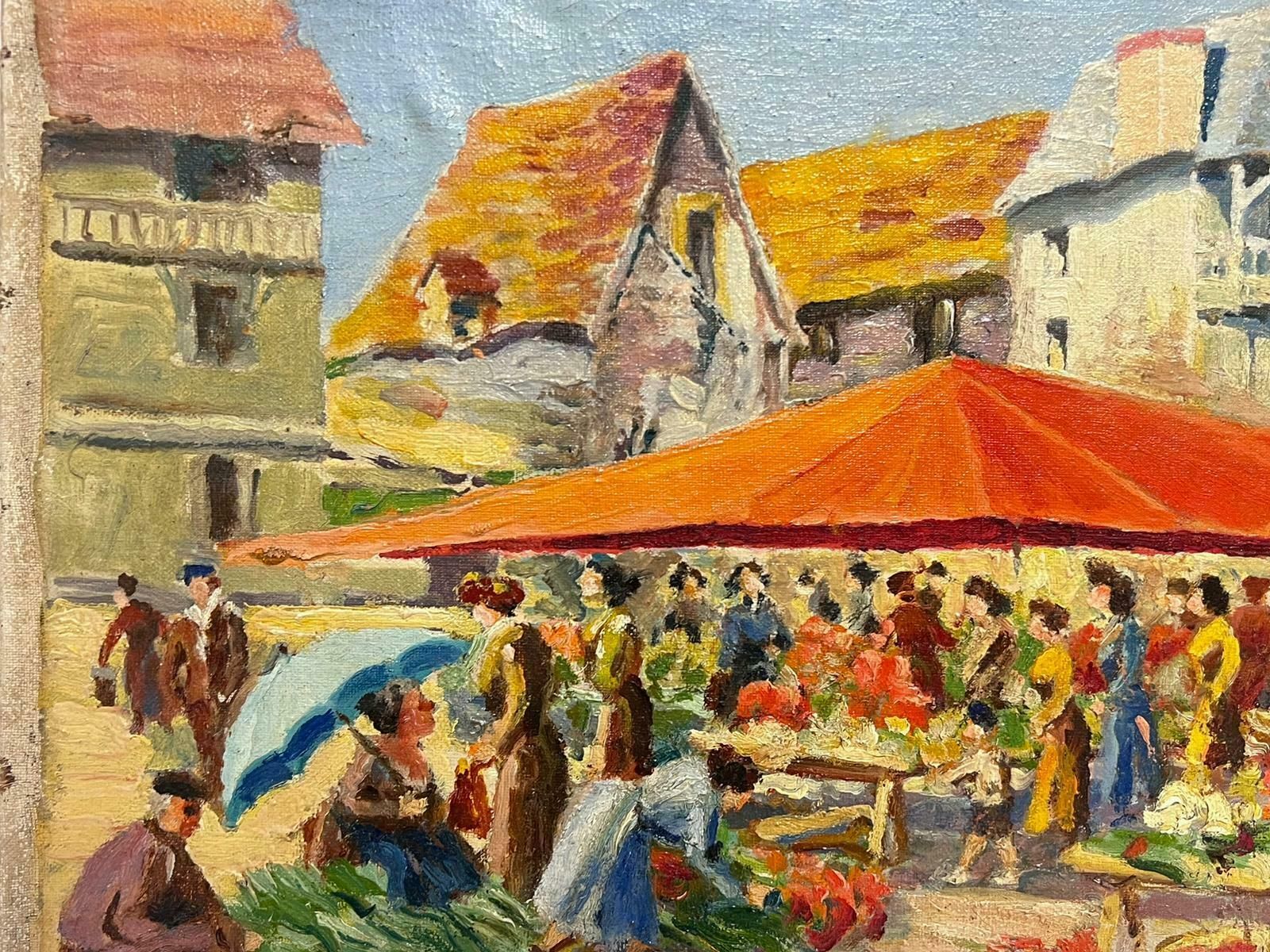 French School1950's French Signed Oil Busy Fruit & Veg Market Town Square With Figures photo Art