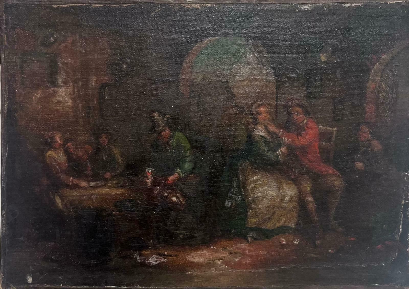 French School18th Century French Oil Painting Tavern Scene Interior Merry Making Figures