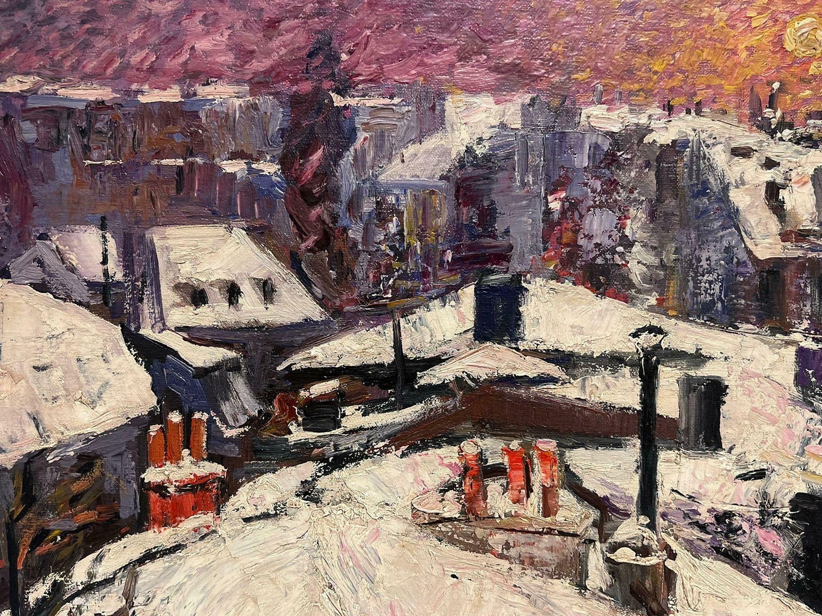 Paul Flaubertparis Roof Tops In The Snow At Dusk Signed French Impressionist Oil Painting photo for sale