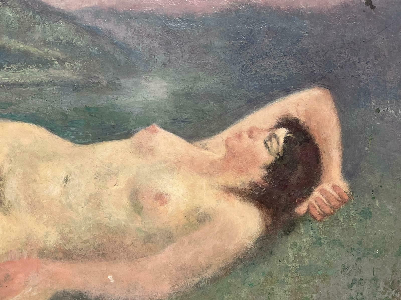 French School1930's French Post Impressionist Oil Painting Nude Lady Reclining In Meadow photo for sale