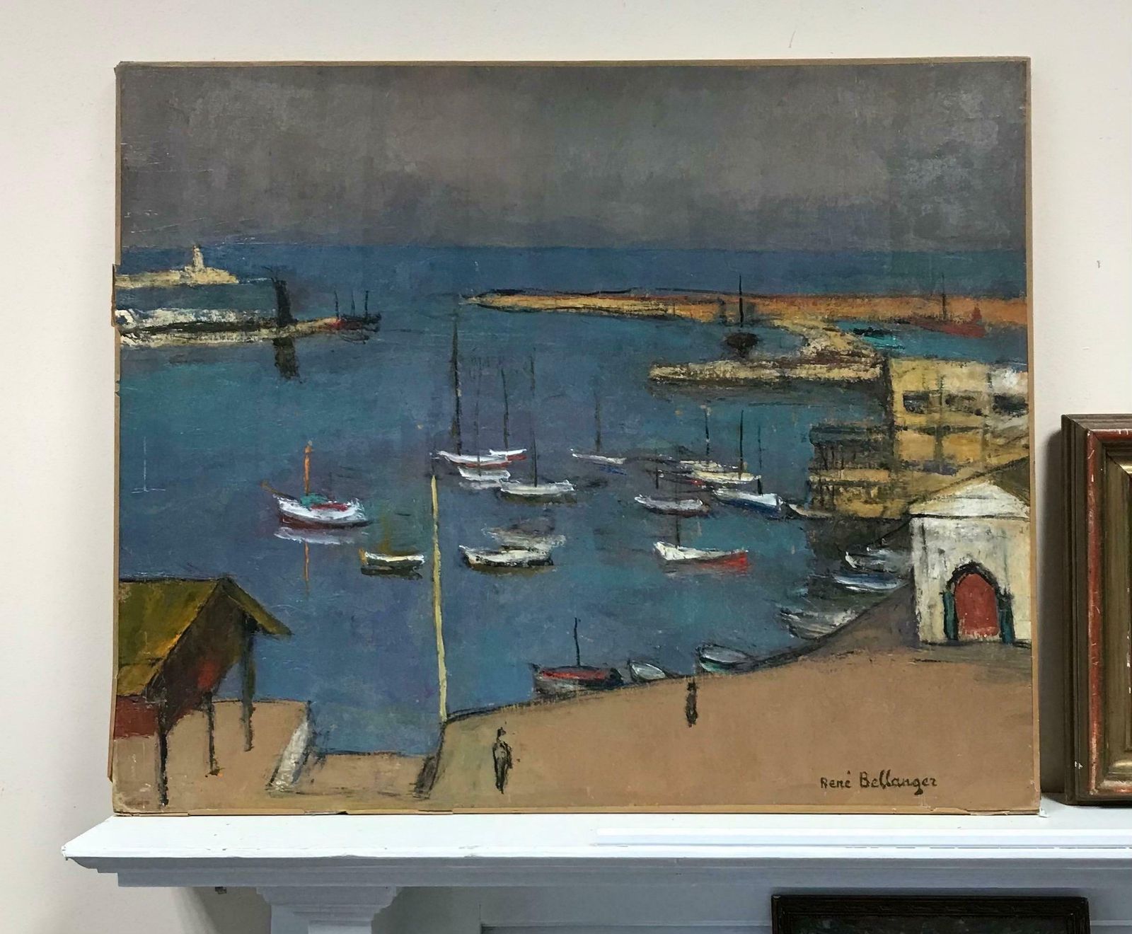 Rene Bellangerlarge 1960's French Modernist Oil Boats In Blue Harbour, Salon Des Independants photo furniture