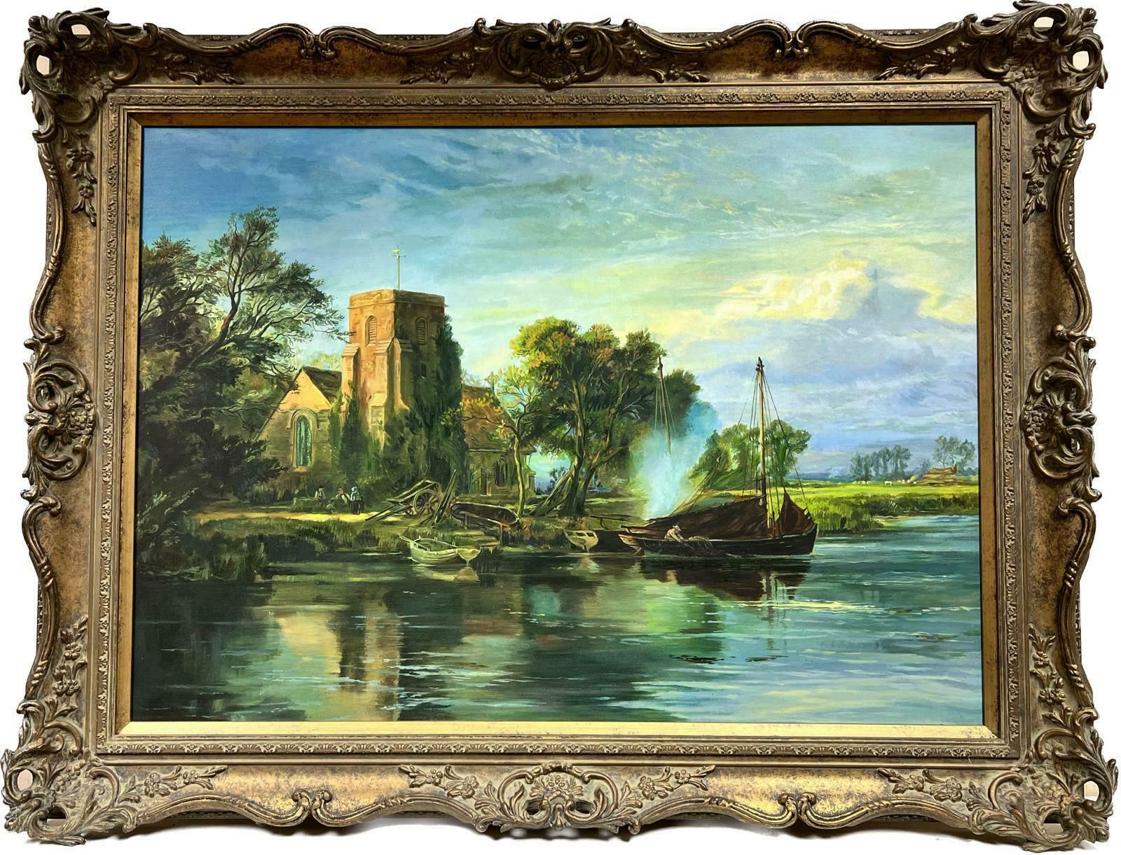 Dutch Schoollarge Framed Oil Painting River Landscape Ferry Boats Old Church Abbey Buildings20th Century
