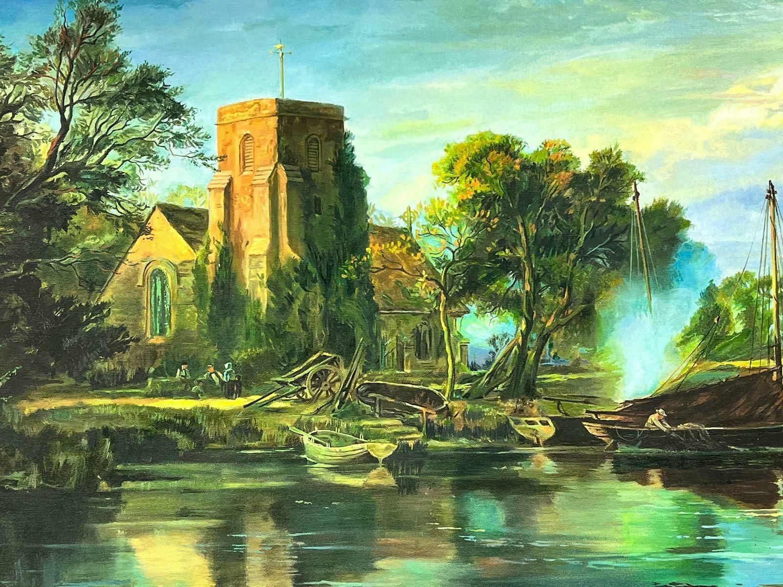 Dutch Schoollarge Framed Oil Painting River Landscape Ferry Boats Old Church Abbey Buildings20th Century photo furniture