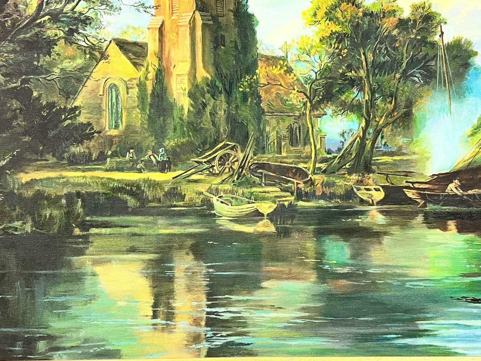 Dutch Schoollarge Framed Oil Painting River Landscape Ferry Boats Old Church Abbey Buildings20th Century photo for sale
