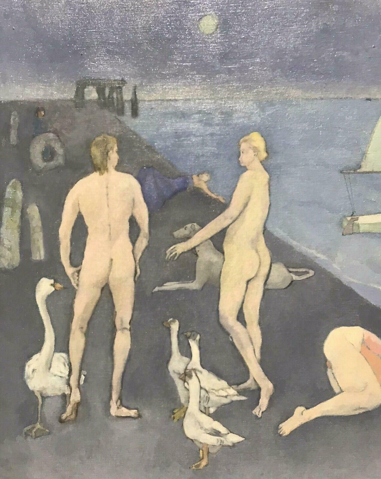 Unknownlarge 20th Century Surrealist Oil Male & Female With Swans   Sailing Boatsc. 1980's photo for sale