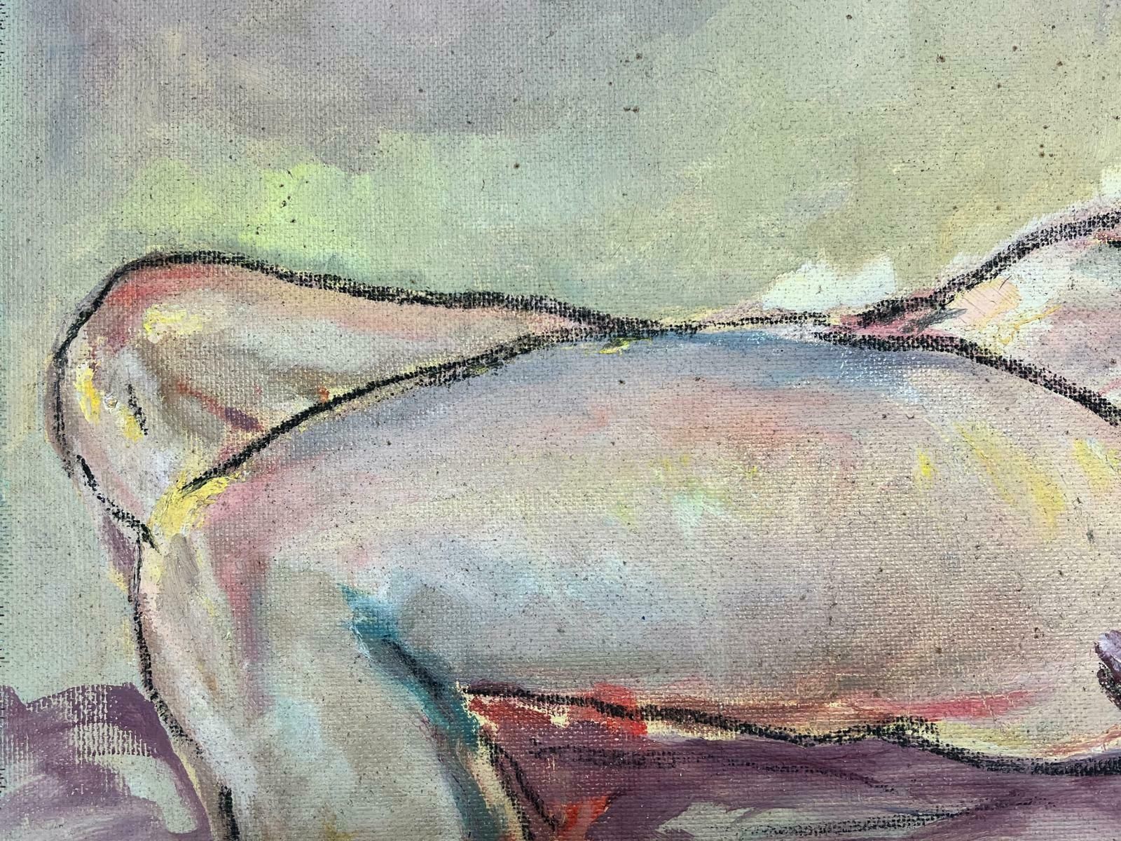 British 20th Centurynude Lady Reclining Model Sketchy 20th Century Beige Earthy Tones Oil Painting photo Art