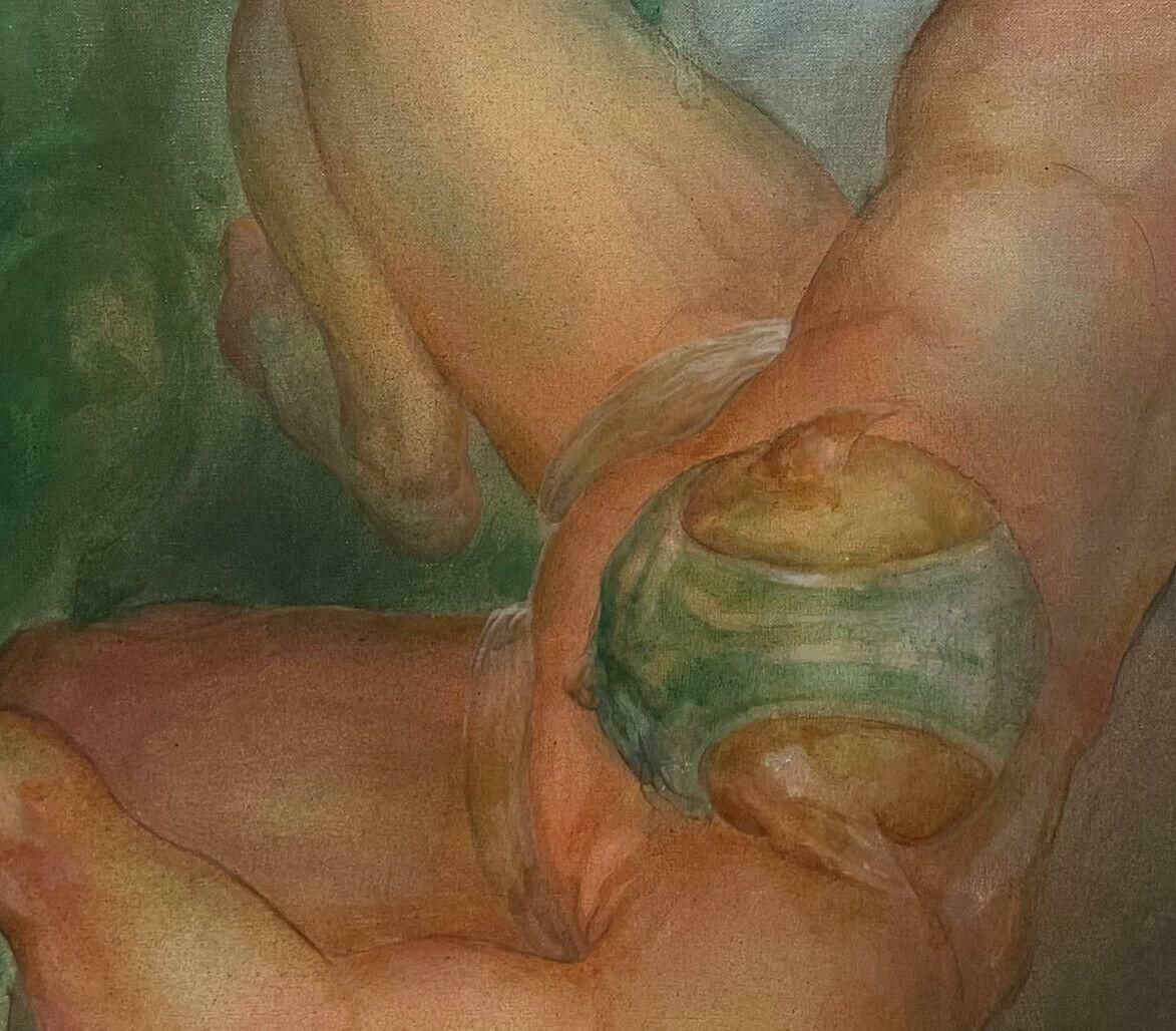 Unknownhuge French Surrealist Oil Painting Wrestling Nude Men Floating In Sky, 1970's1970's photo vinterior