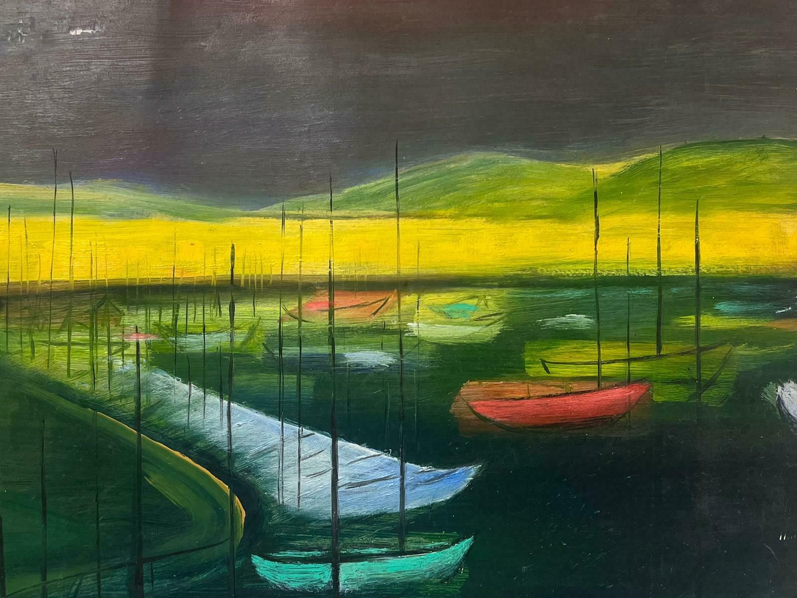 French School1960's French Modernist Signed Oil Painting Colorful Boats In Harbour photo Art