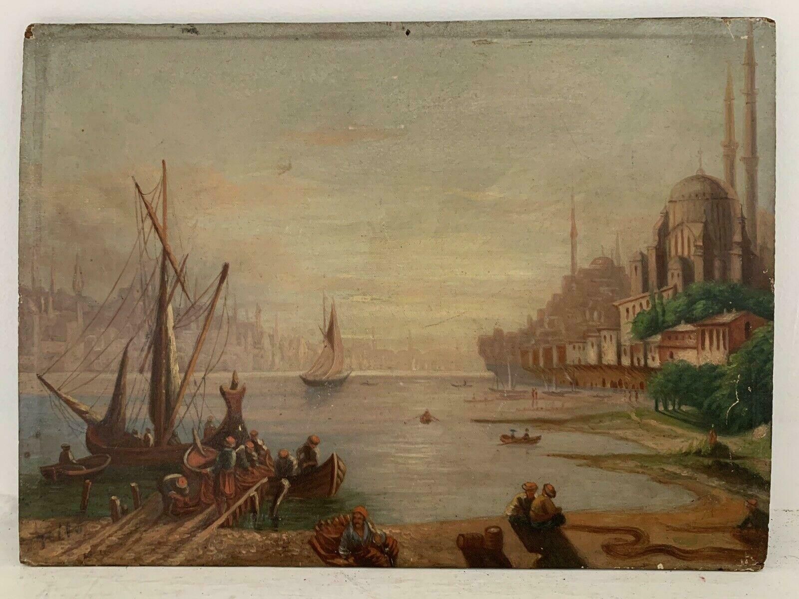 Unknown19th Century European Oil On Wood Panel   Busy Merchant Shipping Sunset Scene19th Century photo furniture