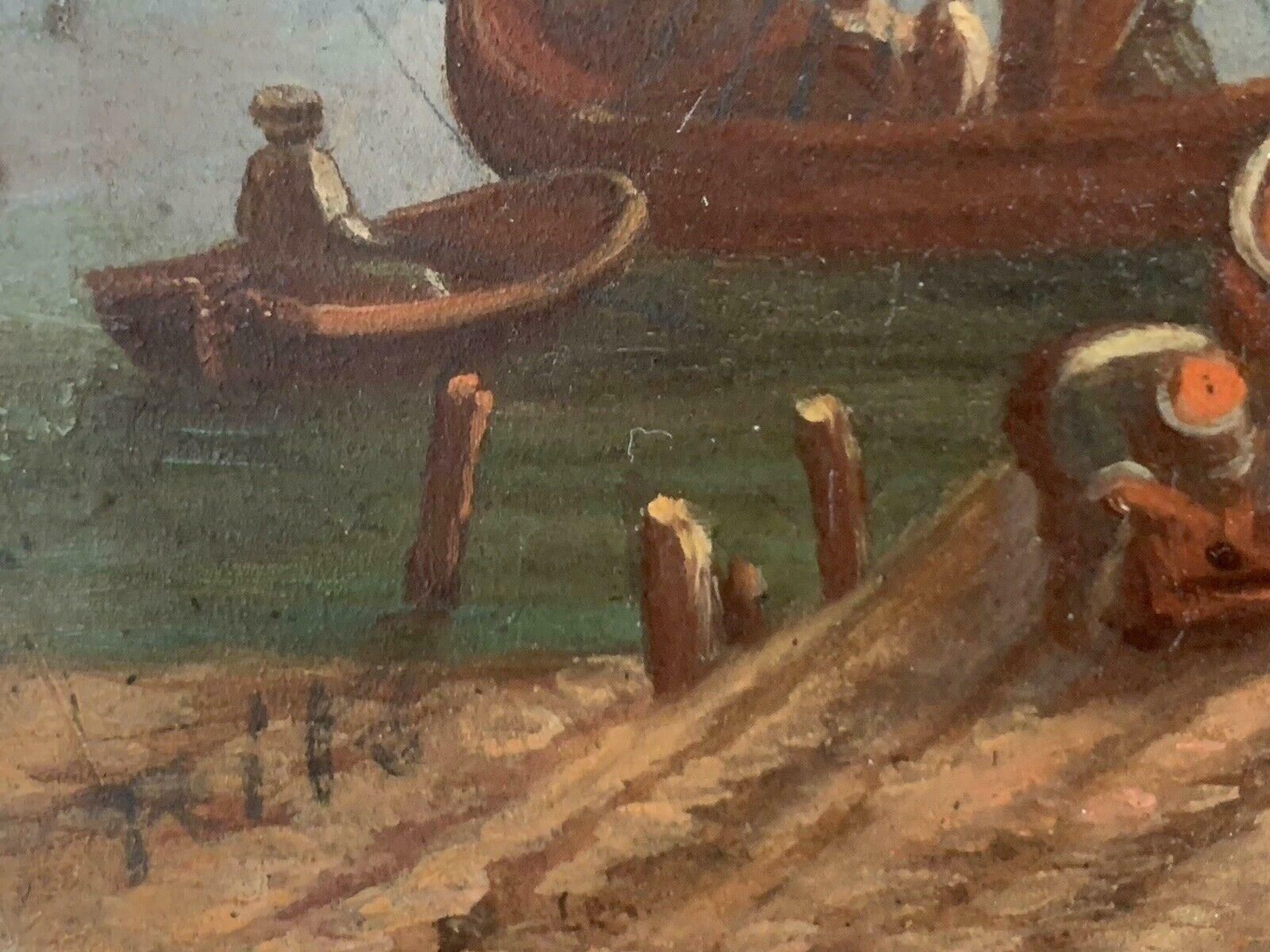 Unknown19th Century European Oil On Wood Panel   Busy Merchant Shipping Sunset Scene19th Century photo vintage