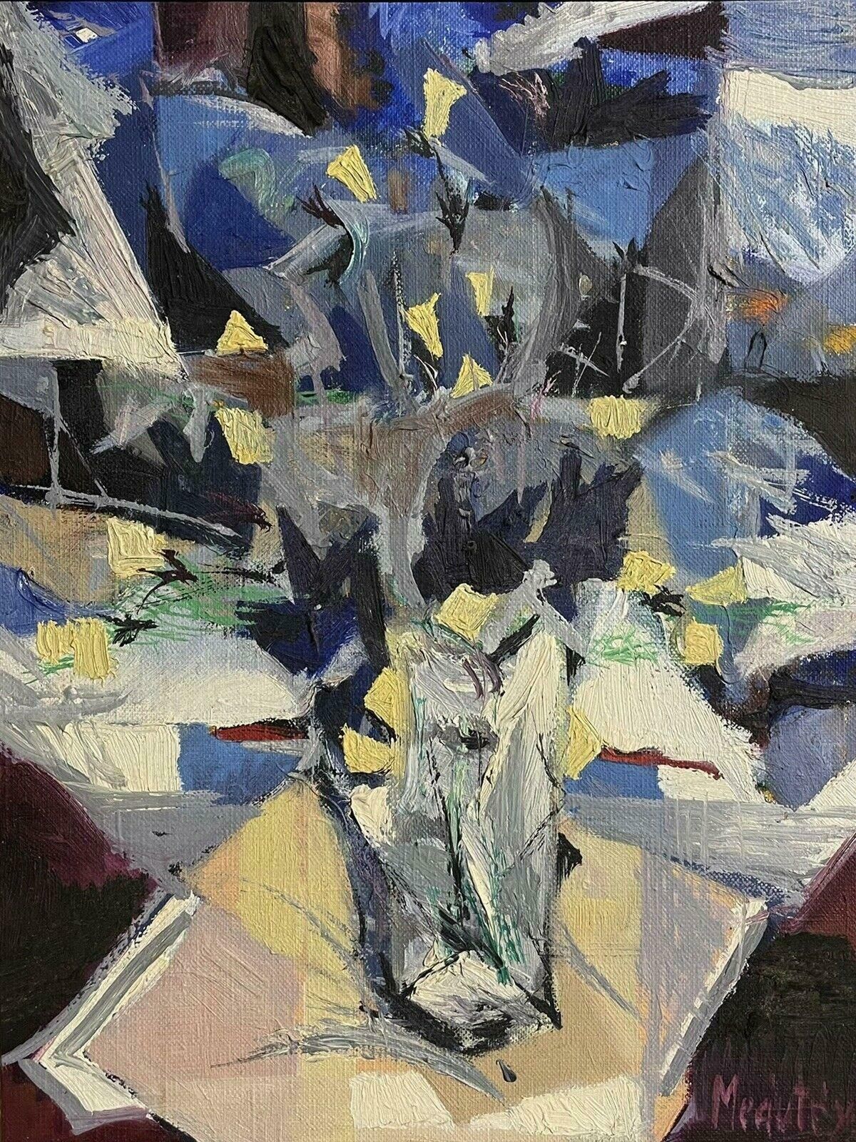 French Cubist1970's French Cubist Abstract Oil Painting Signed, Blue & White Flowers In Vase1970's photo for sale