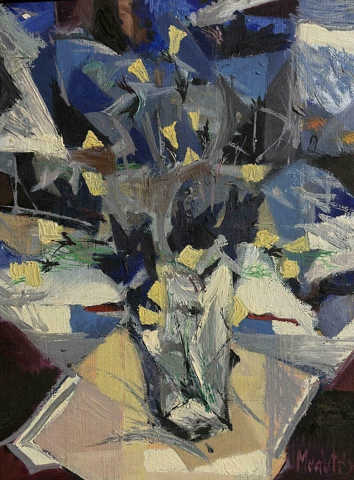 French Cubist1970's French Cubist Abstract Oil Painting Signed, Blue & White Flowers In Vase1970's photo 1838.0