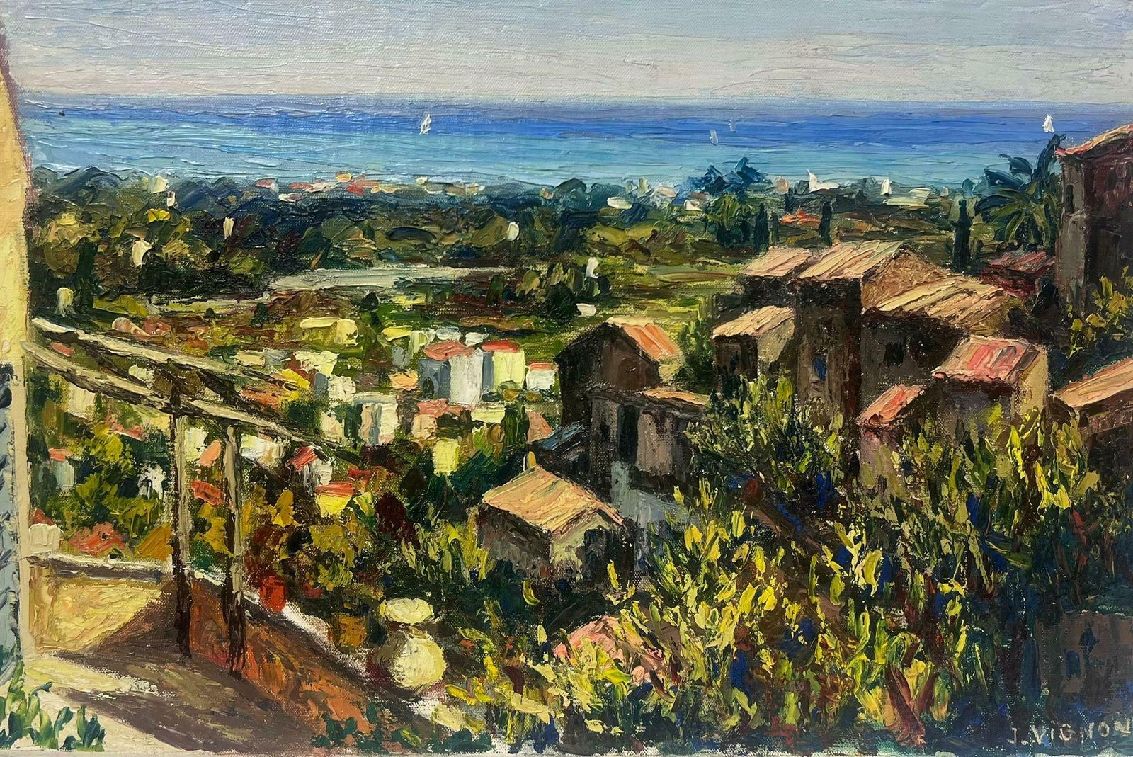 Josine Vignon1960s French Post Impressionist Signed Oil Roof Top Town Along The Blue Coast1950s