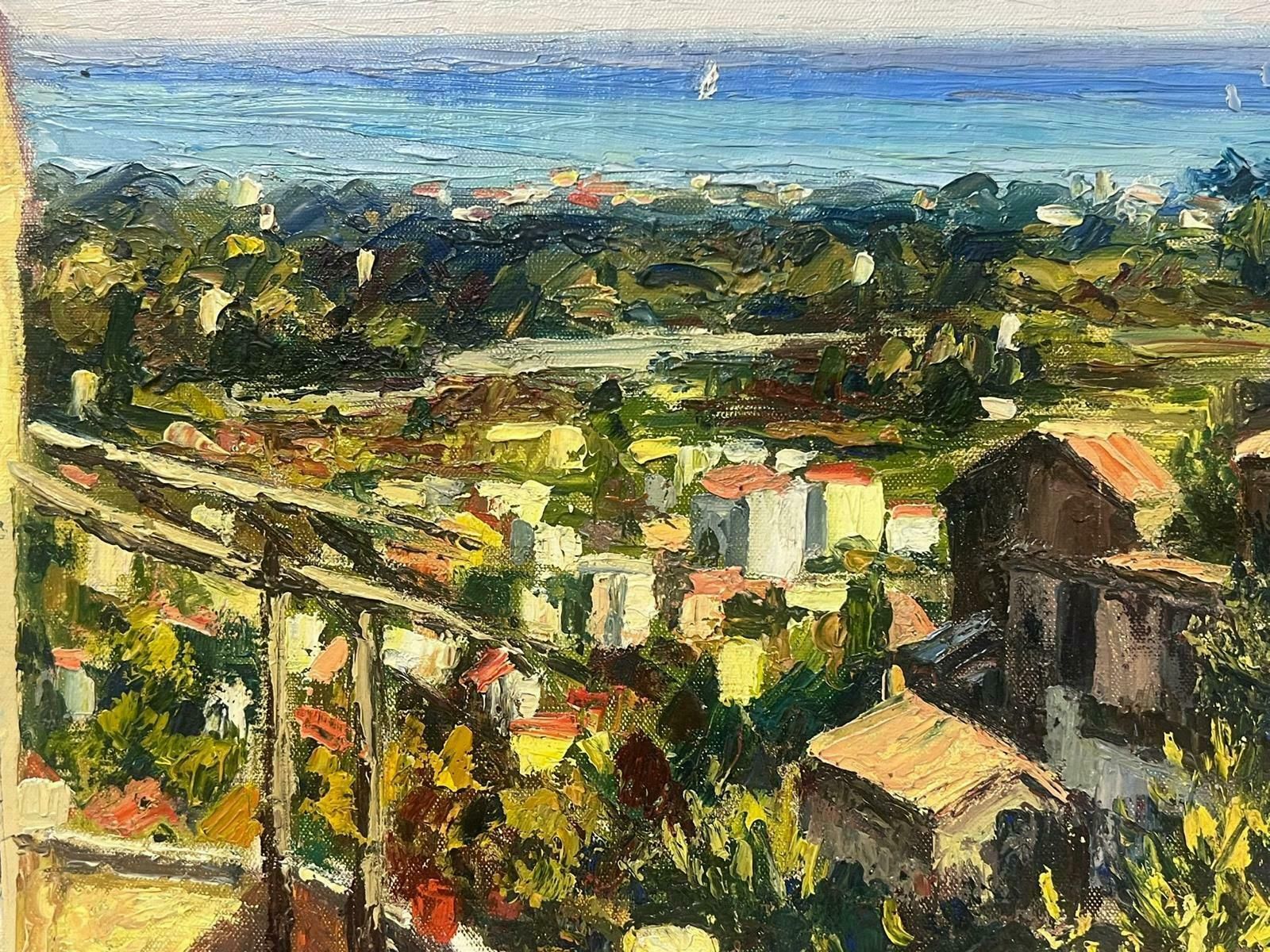 Josine Vignon1960s French Post Impressionist Signed Oil Roof Top Town Along The Blue Coast1950s photo for sale