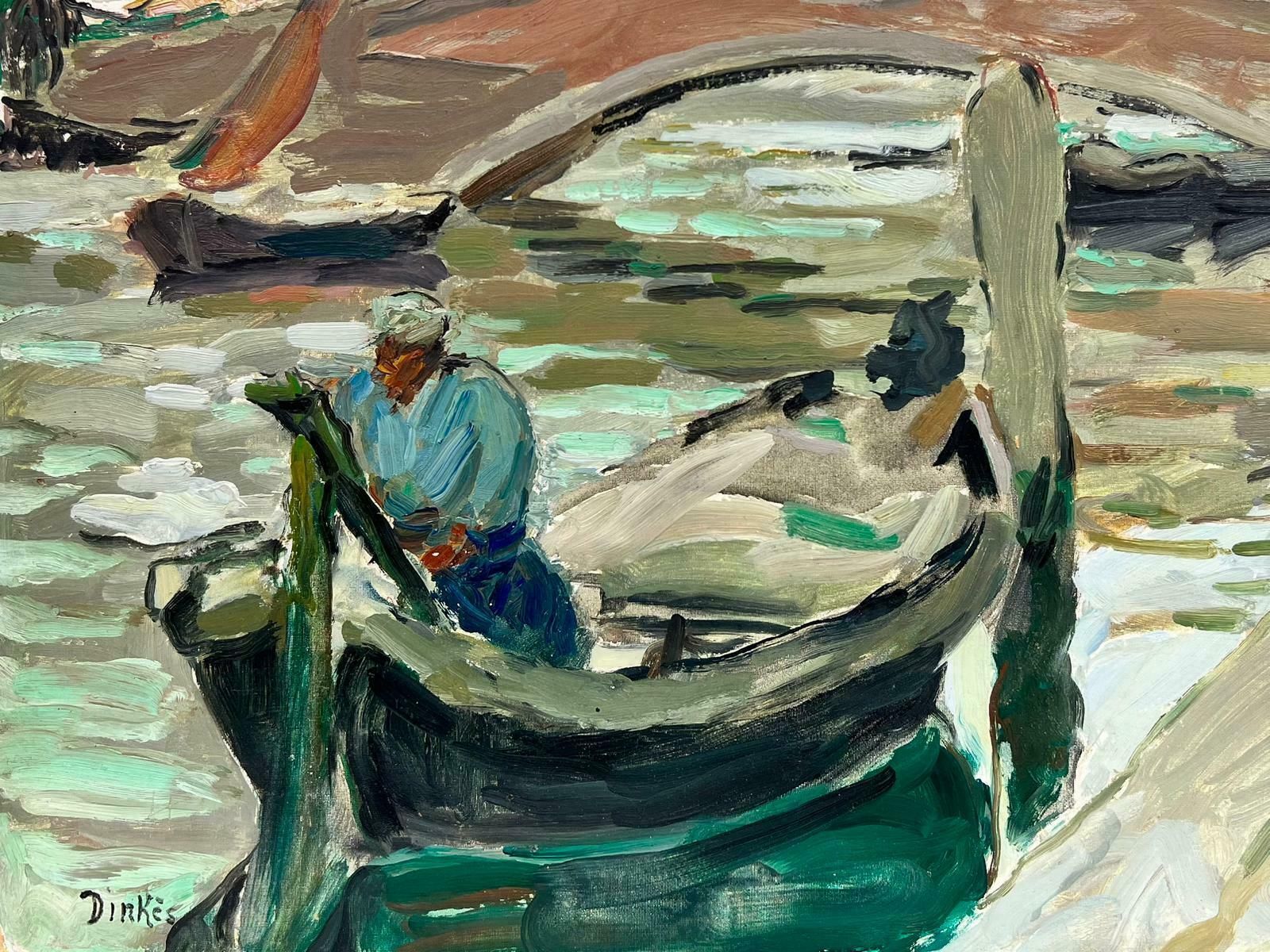 Suzanne Dinkes1950's Post Impressionist French Oil Man In Gondola Venice Tranquil Canal, Oil 1950's photo furniture