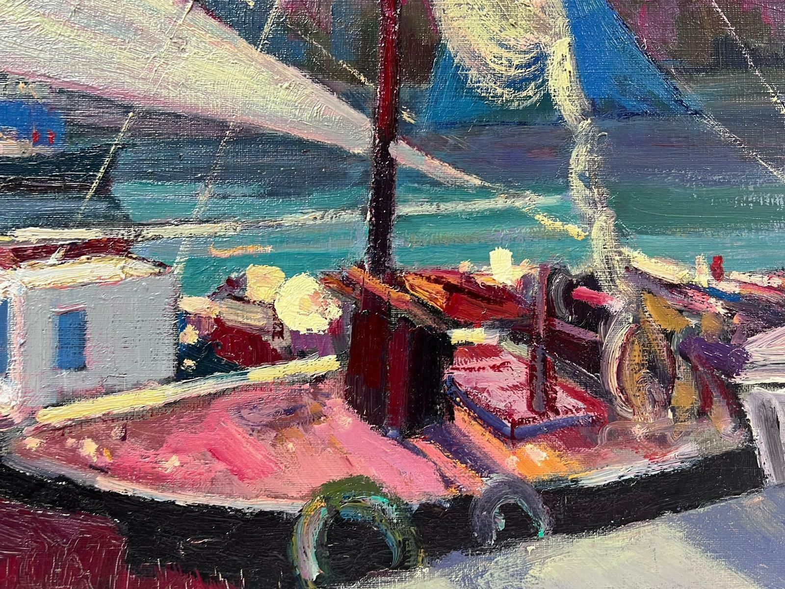 Guy Benardhonfleur Harbour Boats French Impressionist Signed Oil Warm Summer Colors photo Art