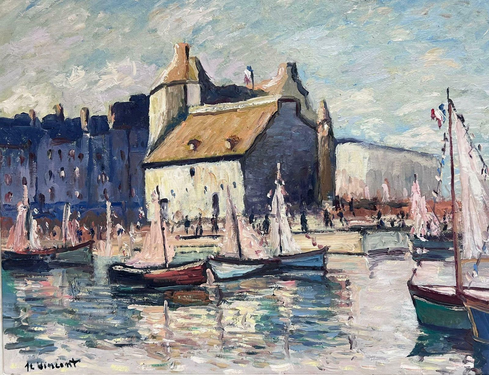 French Schoolhonfleur Harbour Vintage French Signed Oil Painting Framed photo furniture
