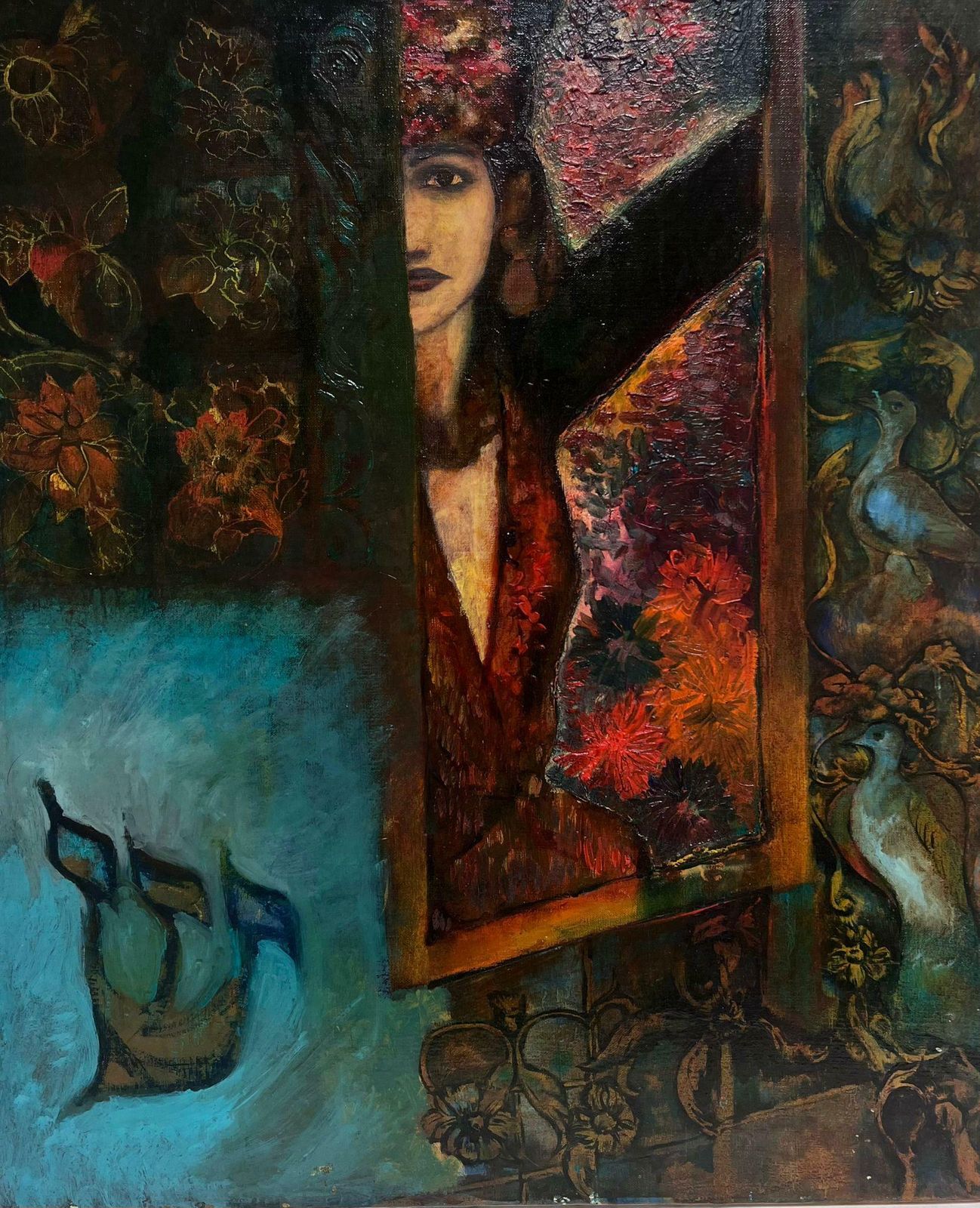French School1960's French Surrealist Modernist Oil Lady Looking At Viewer With Boats photo furniture