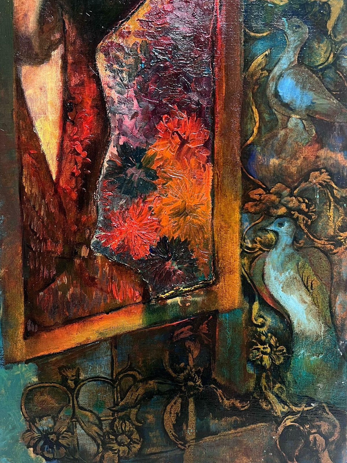French School1960's French Surrealist Modernist Oil Lady Looking At Viewer With Boats photo 1307.0
