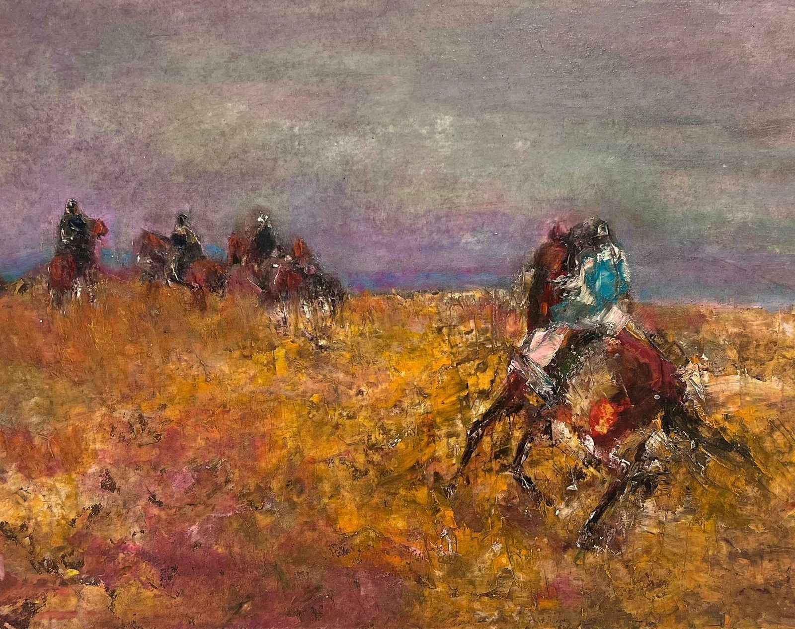 French Schoolracehorses Galloping In Burnt Orange Field Beautiful French Expressionist Oil