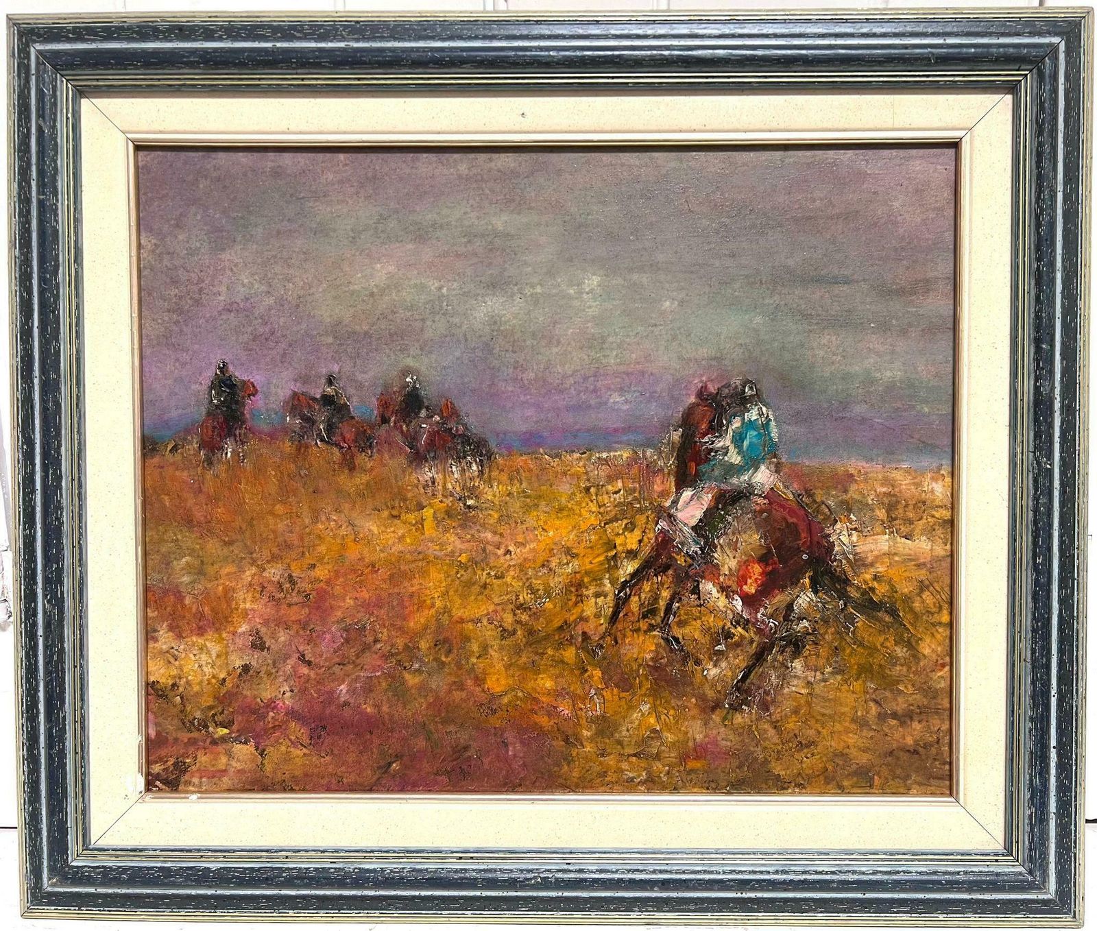 French Schoolracehorses Galloping In Burnt Orange Field Beautiful French Expressionist Oil photo for sale