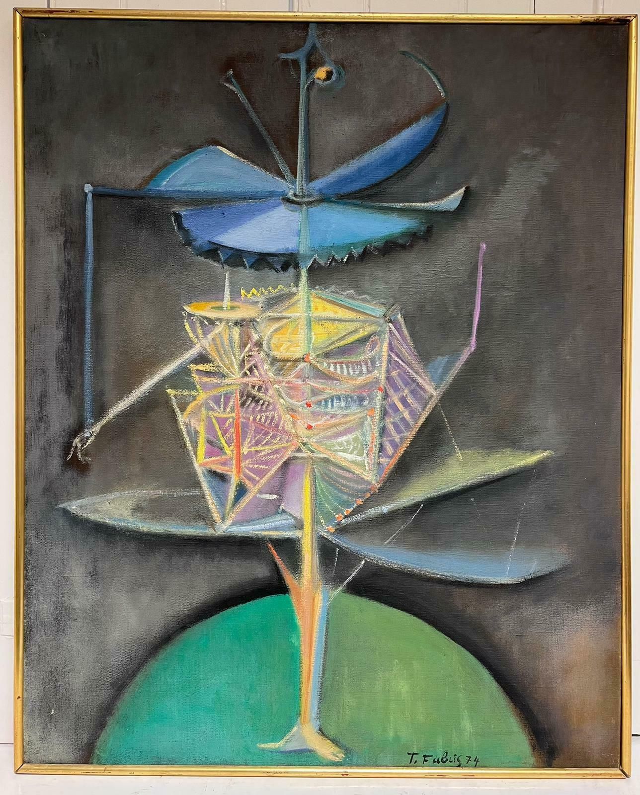T. Fabris1970’s French Surrealist Signed Oil Painting Green Abstract Composition1970's photo furniture