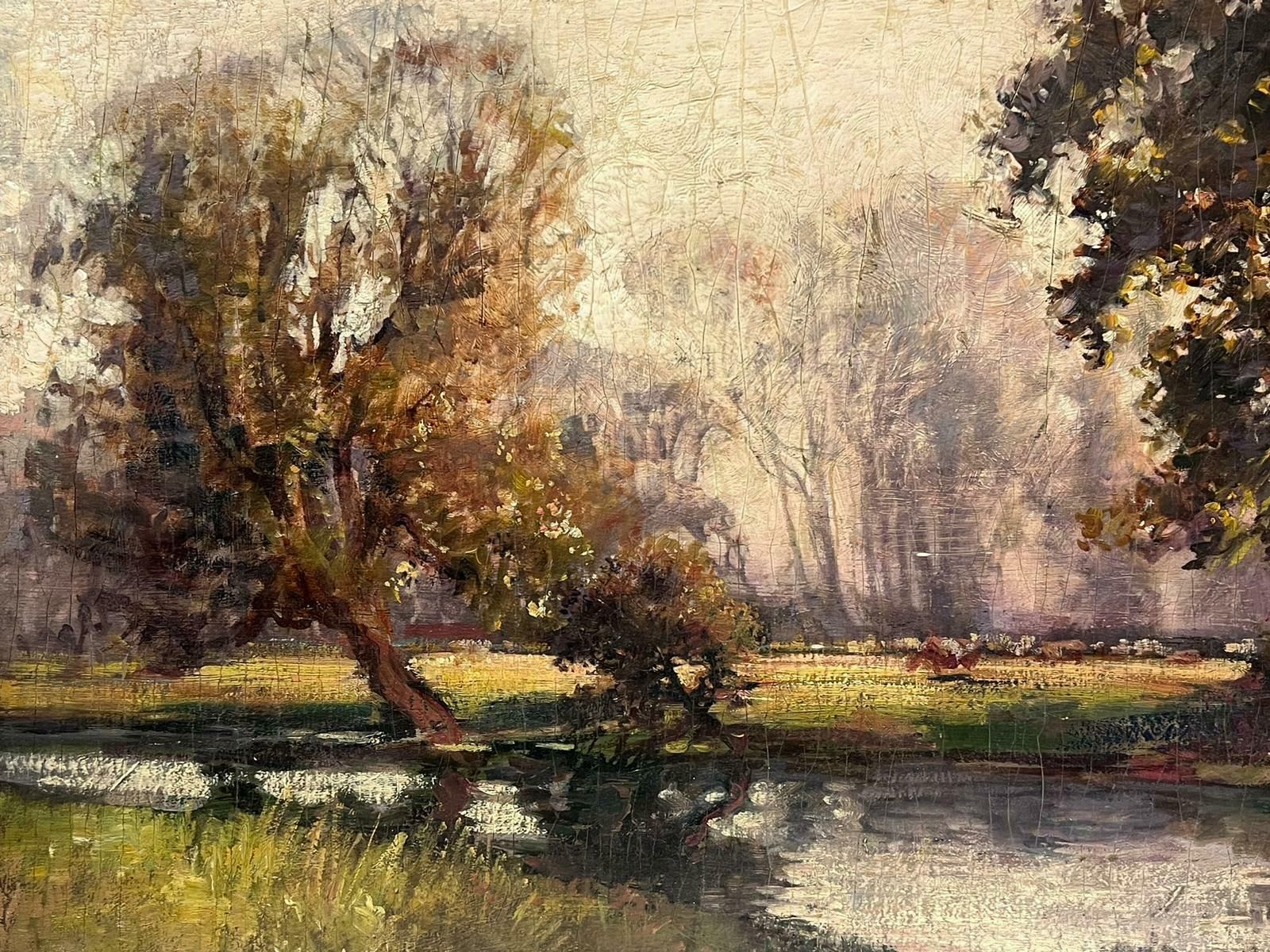 French Schoolantique French Impressionist Oil Painting Summer Meadows With Animals Grazing photo for sale